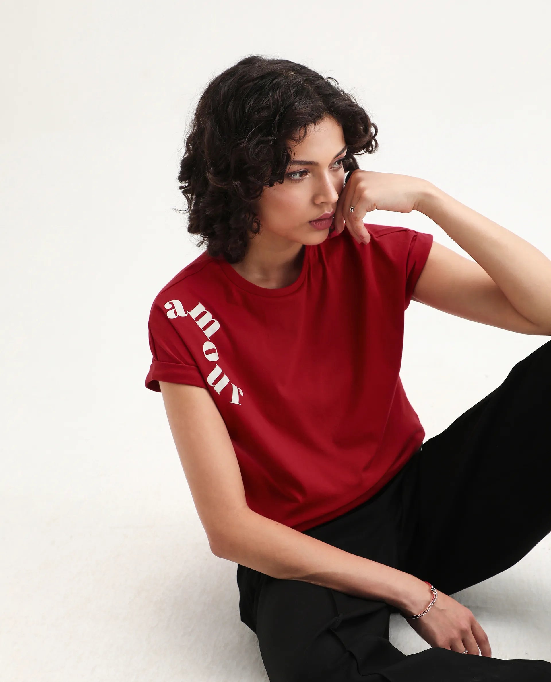 Rareism Women's Somvet Red Cotton Crew Neck Graphic Print Extended Sleeves Regular Fit T-Shirt