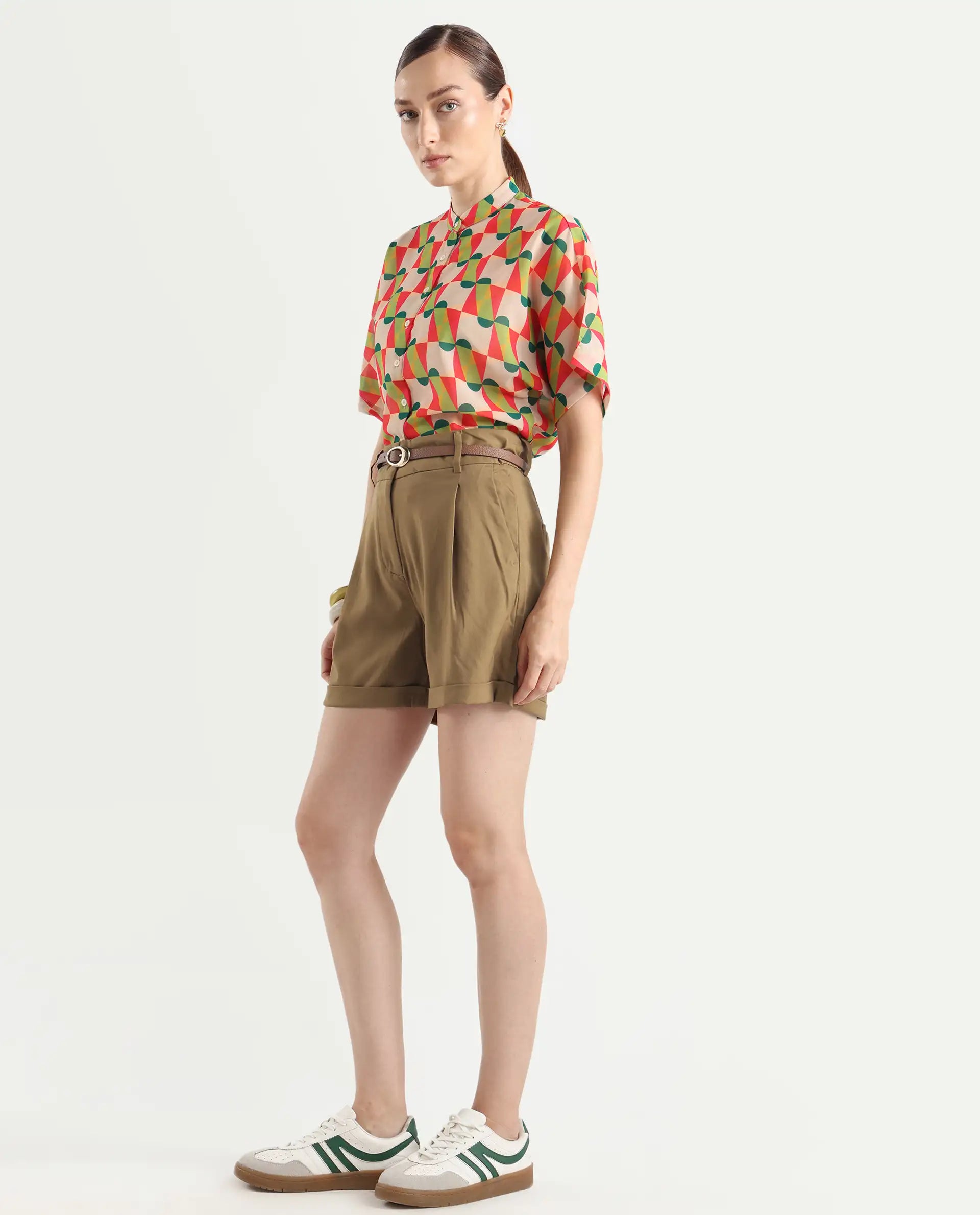 Rareism Women's Sopari Dark Khaki Polyester Plain Mini Regular Fit Shorts