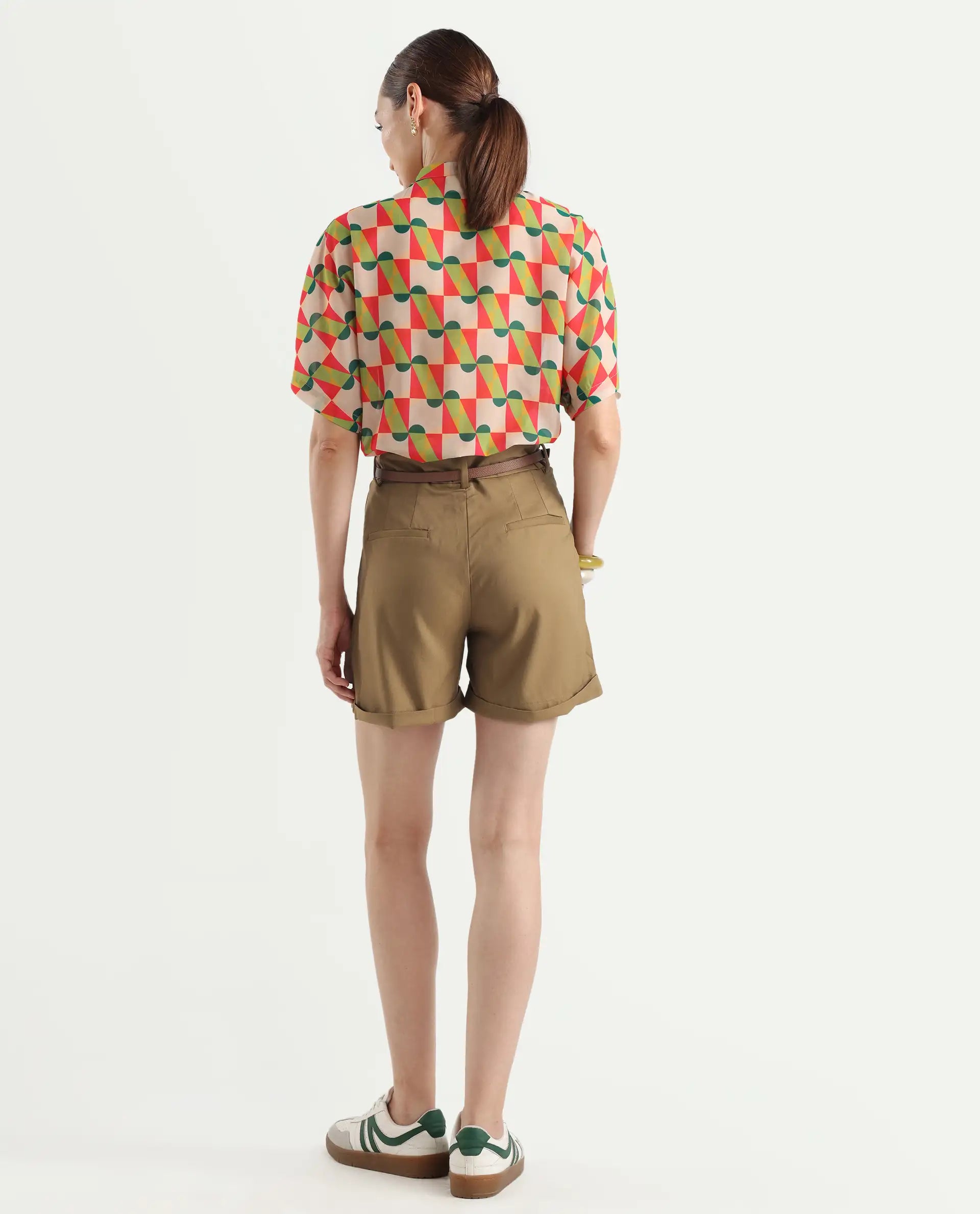 Rareism Women's Sopari Dark Khaki Polyester Plain Mini Regular Fit Shorts