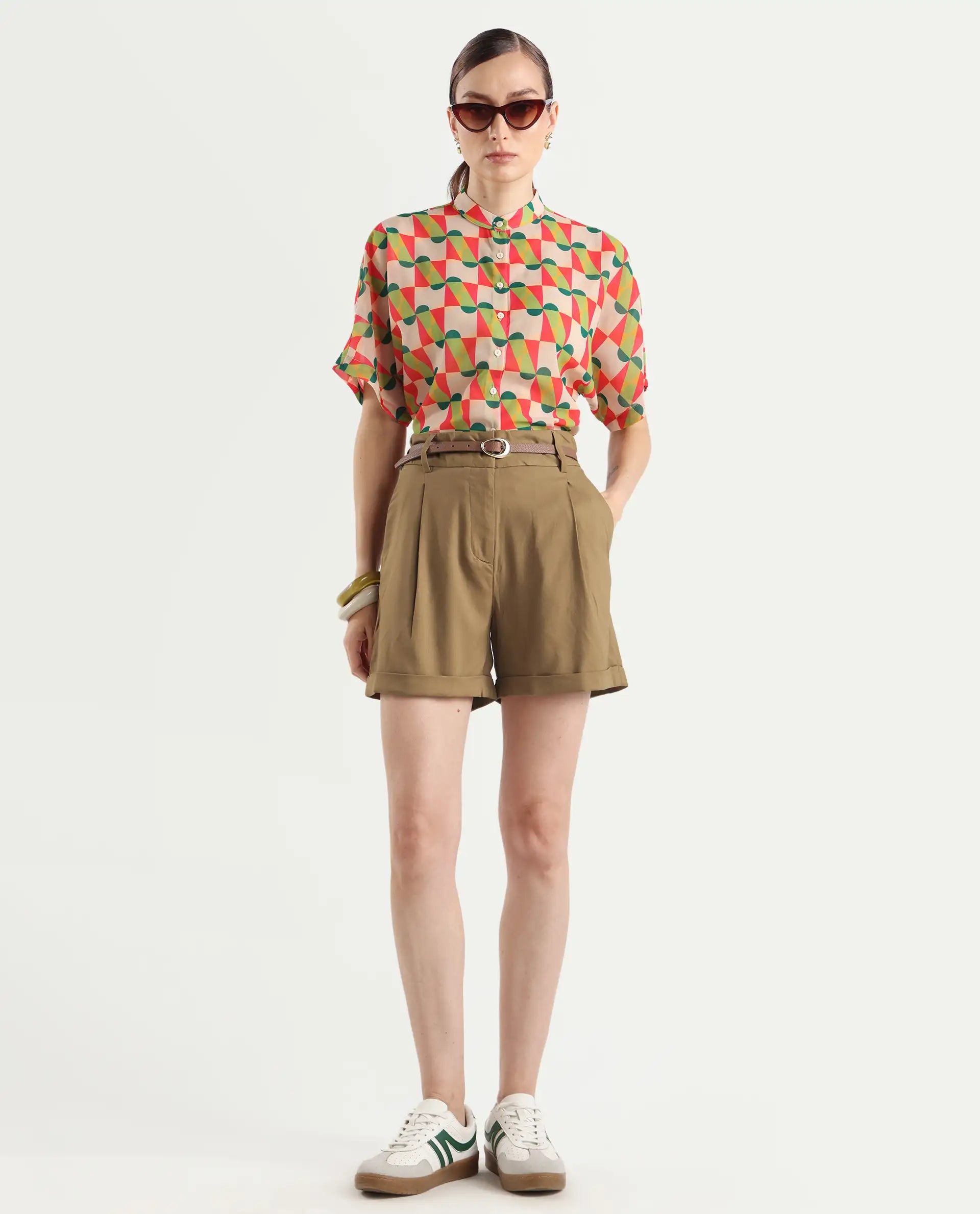 Rareism Women's Sopari Dark Khaki Polyester Plain Mini Regular Fit Shorts