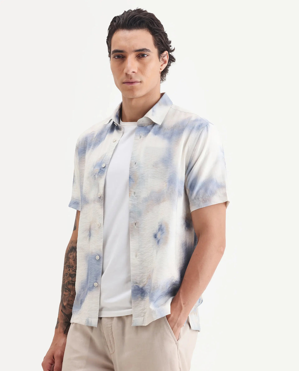 Rare Rabbit Men's Sove Off White Viscose Blend Fabric Collared Neck Regular Fit Printed Shirt