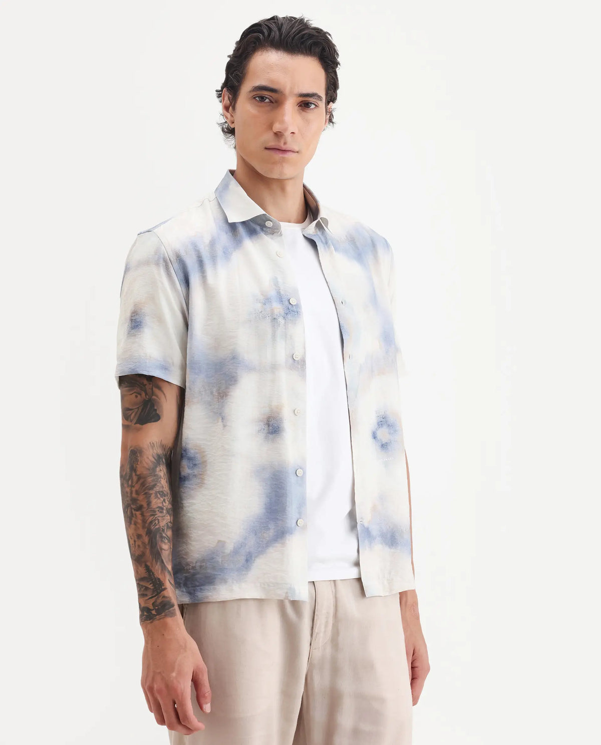 Rare Rabbit Men's Sove Off White Viscose Blend Fabric Collared Neck Regular Fit Printed Shirt