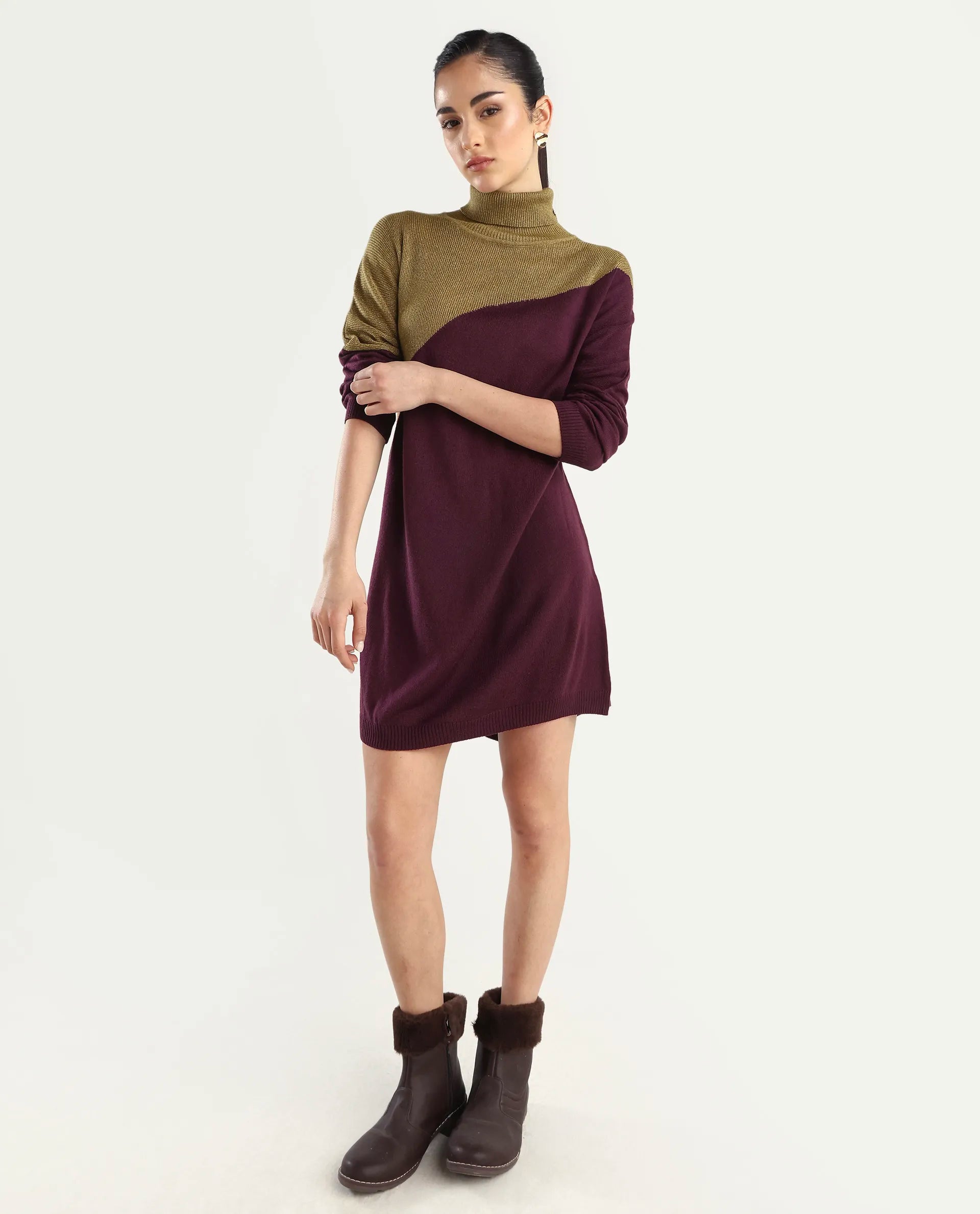 Rareism Women's Spaton Maroon Knit Turtle Neck Plain Knee Length Straight Fit Sweater