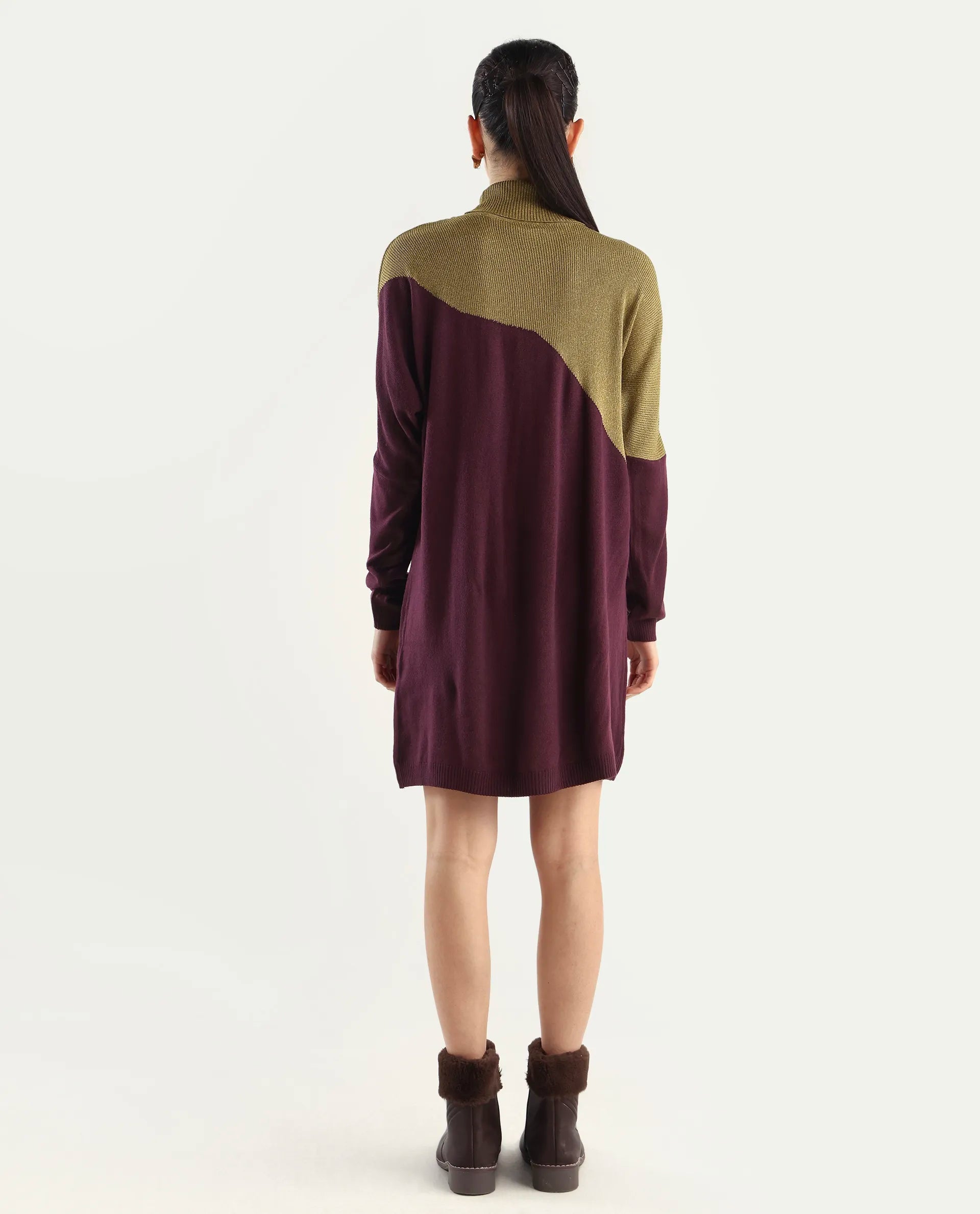 Rareism Women's Spaton Maroon Knit Turtle Neck Plain Knee Length Straight Fit Sweater