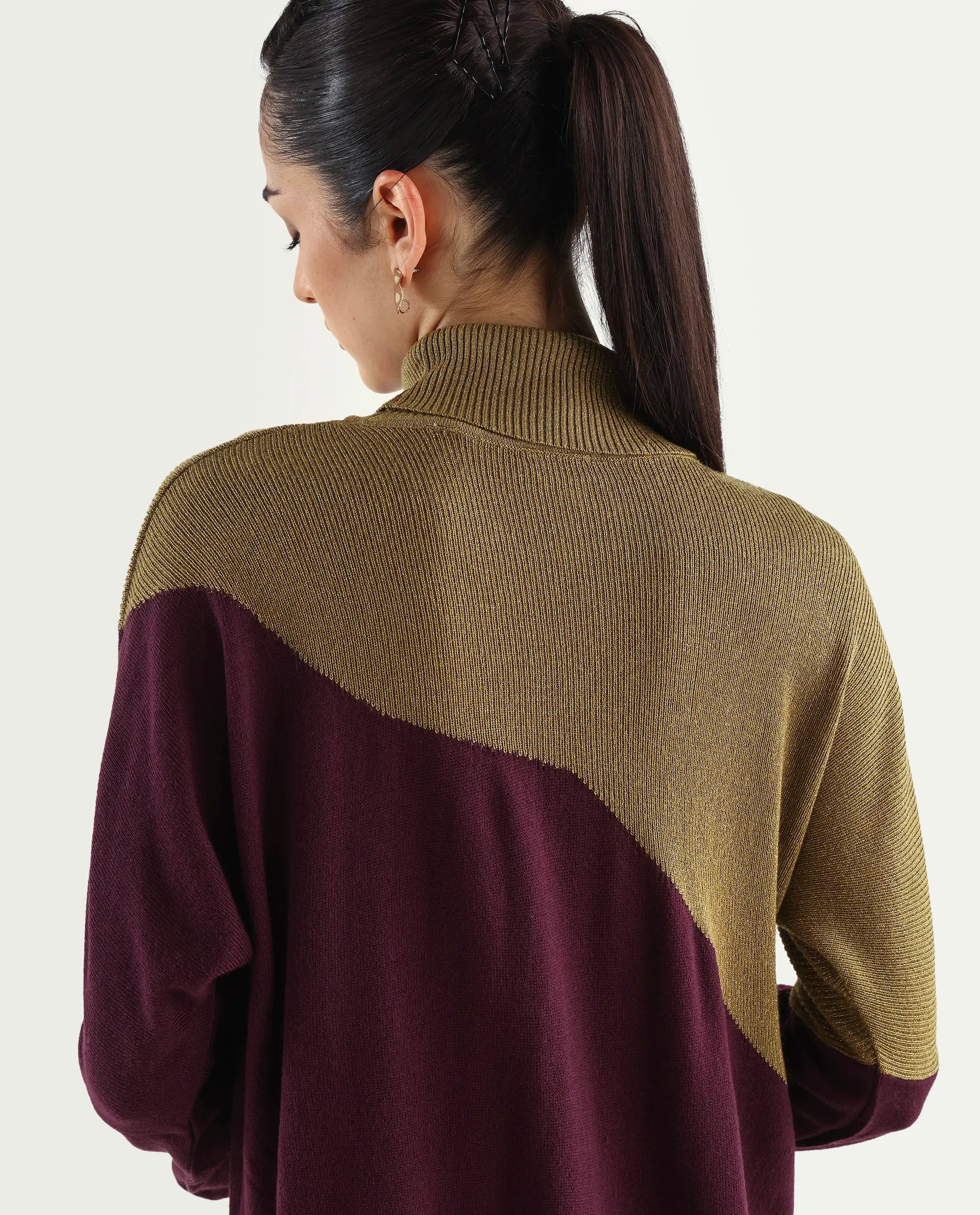 Rareism Women's Spaton Maroon Knit Turtle Neck Plain Knee Length Straight Fit Sweater