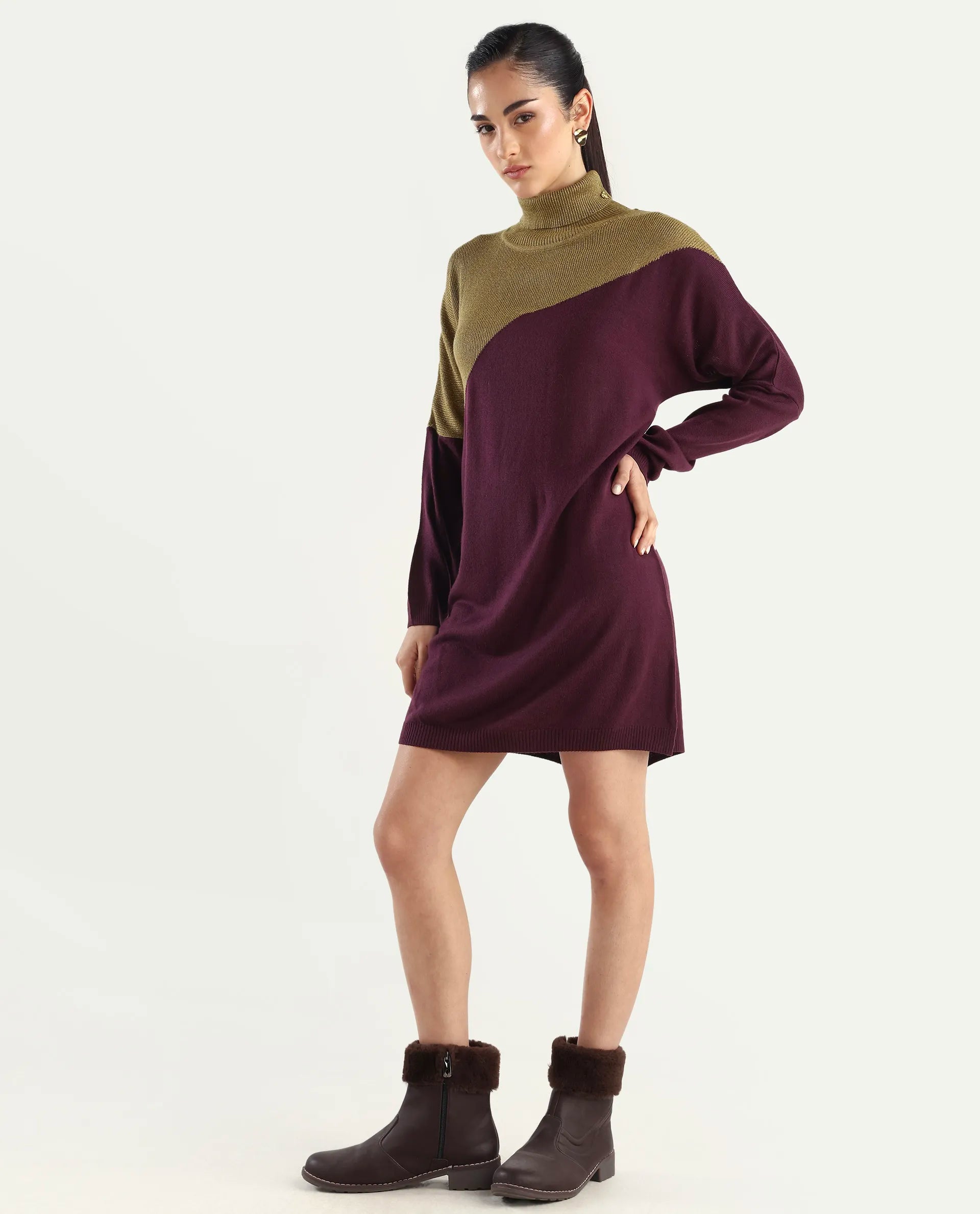 Rareism Women's Spaton Maroon Knit Turtle Neck Plain Knee Length Straight Fit Sweater
