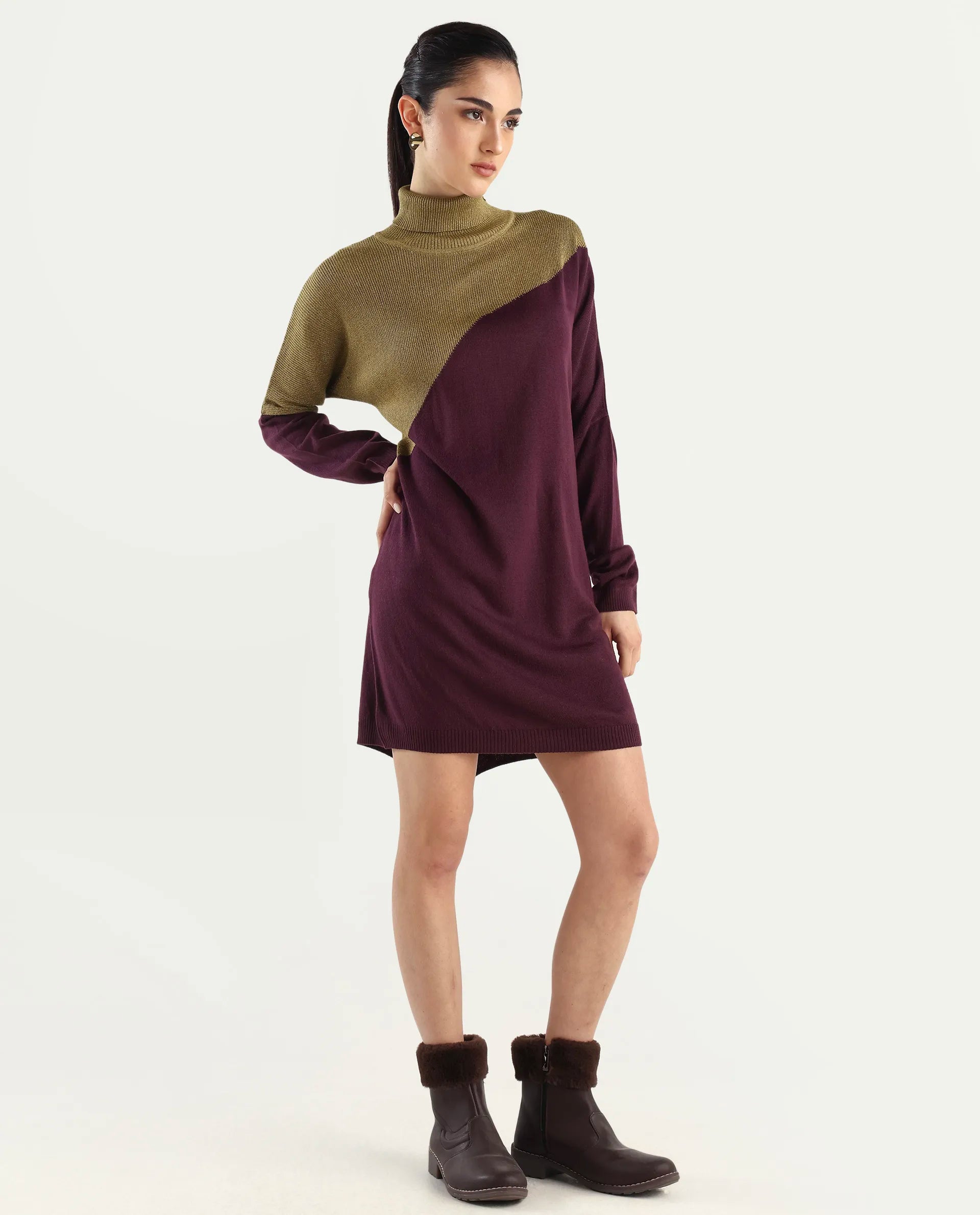 Rareism Women's Spaton Maroon Knit Turtle Neck Plain Knee Length Straight Fit Sweater