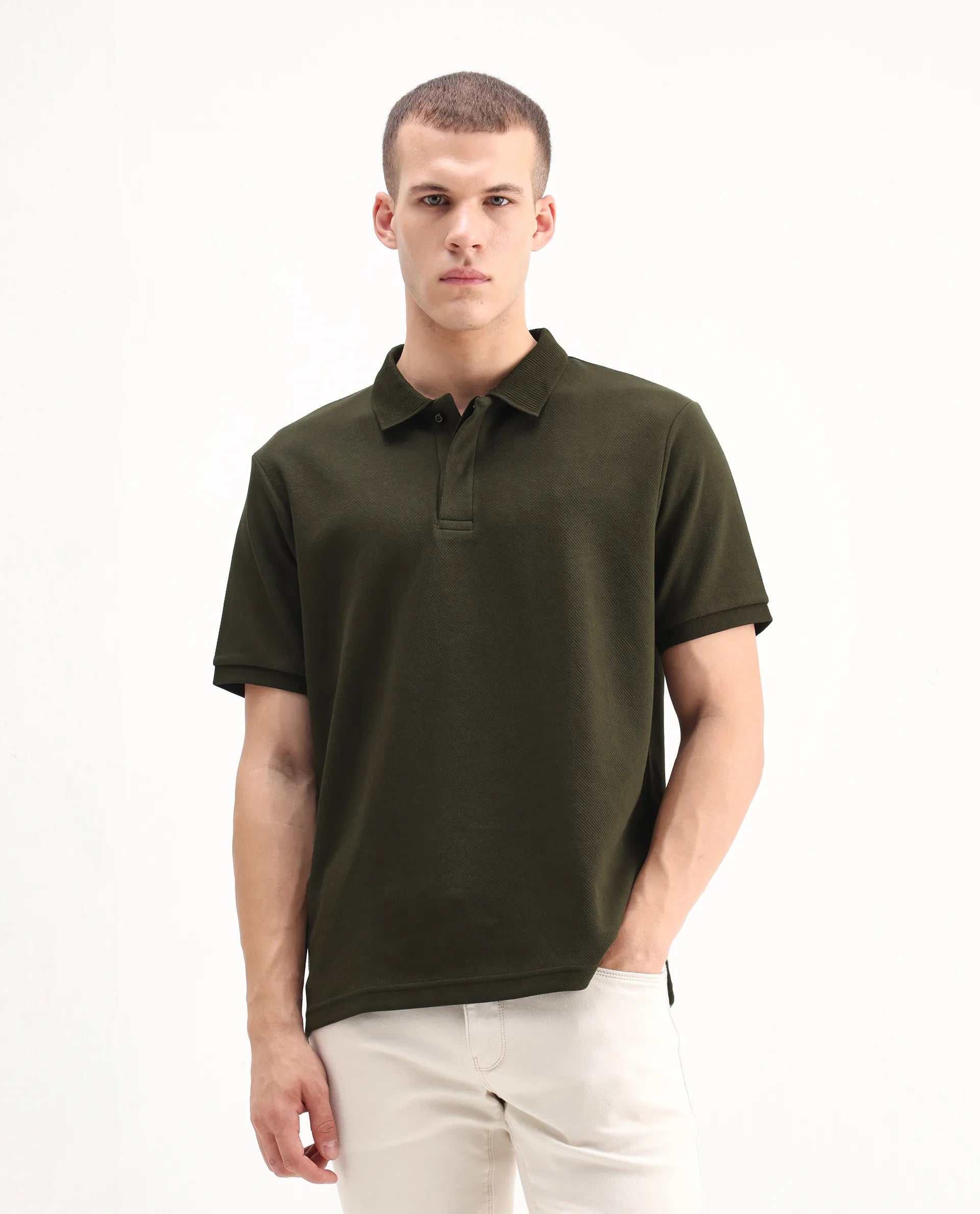 Rare Rabbit Men's Spec Olive Twill Plain Oversized Fit Half Sleeve Polo