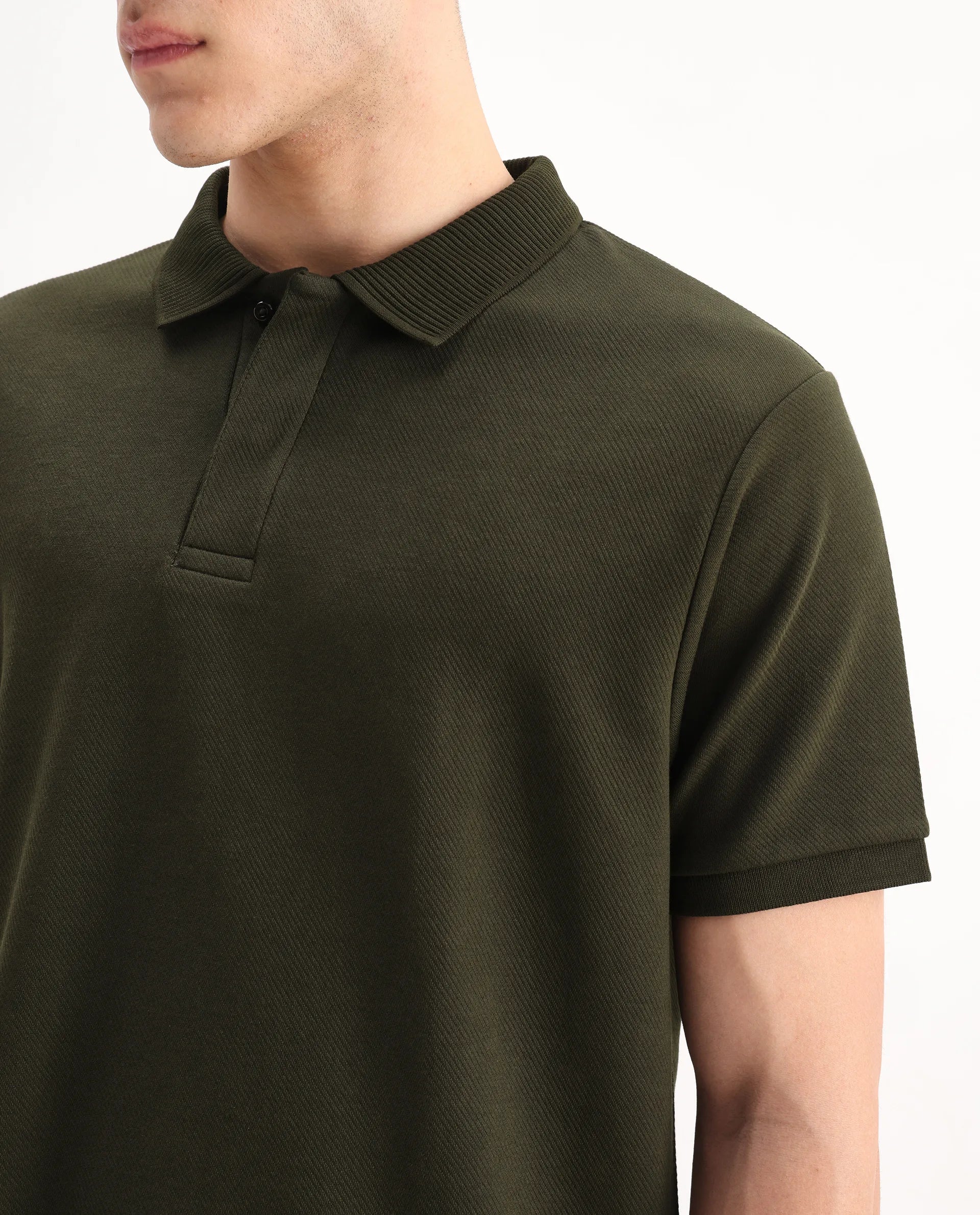 Rare Rabbit Men's Spec Olive Twill Plain Oversized Fit Half Sleeve Polo