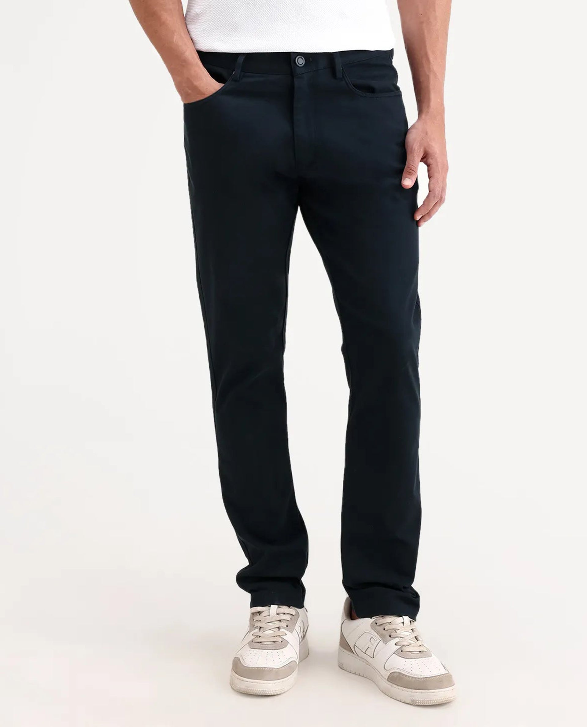 Rare Rabbit Men's Spoke-Ss26 Navy Cotton Blend Fabric Regular Fit Plain Trouser