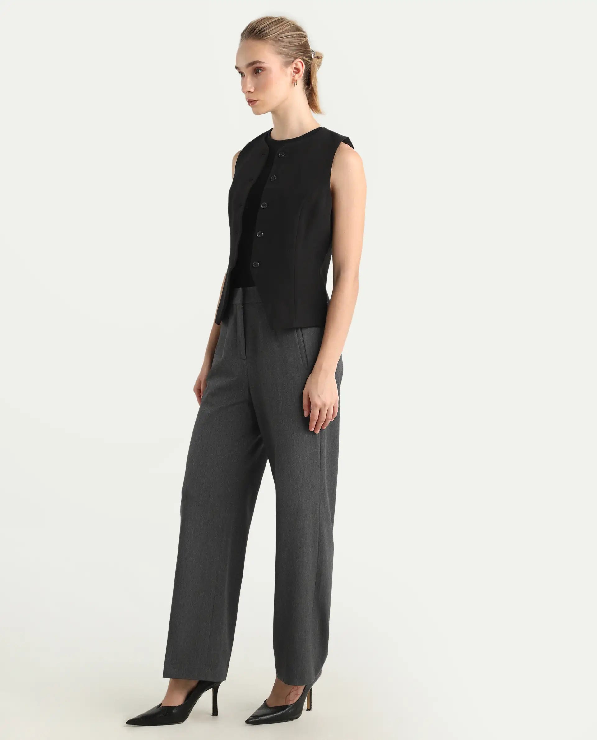 Rareism Women's Srait Grey Polyester Blend Straight Fit Travel Trouser