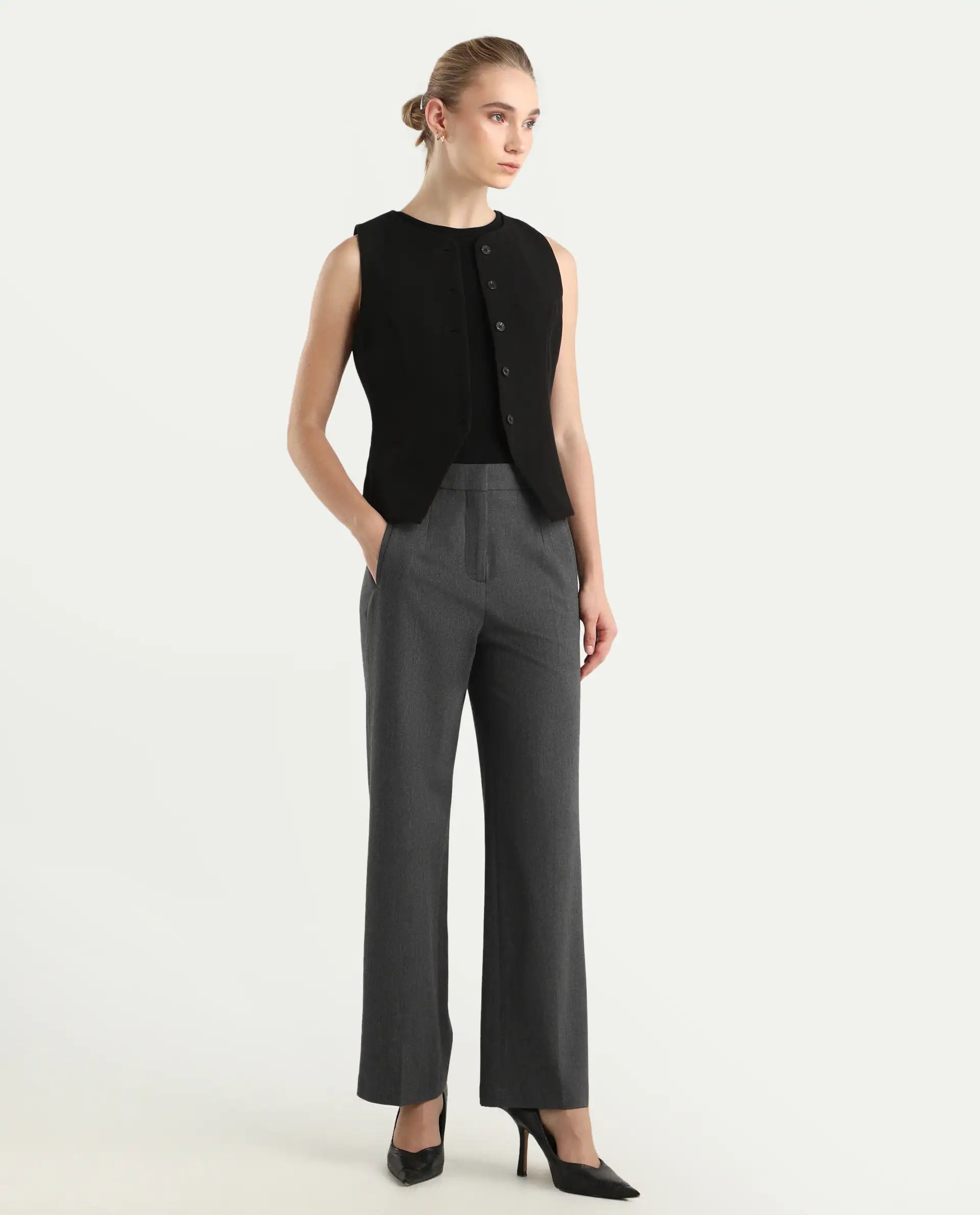 Rareism Women's Srait Grey Polyester Blend Straight Fit Travel Trouser