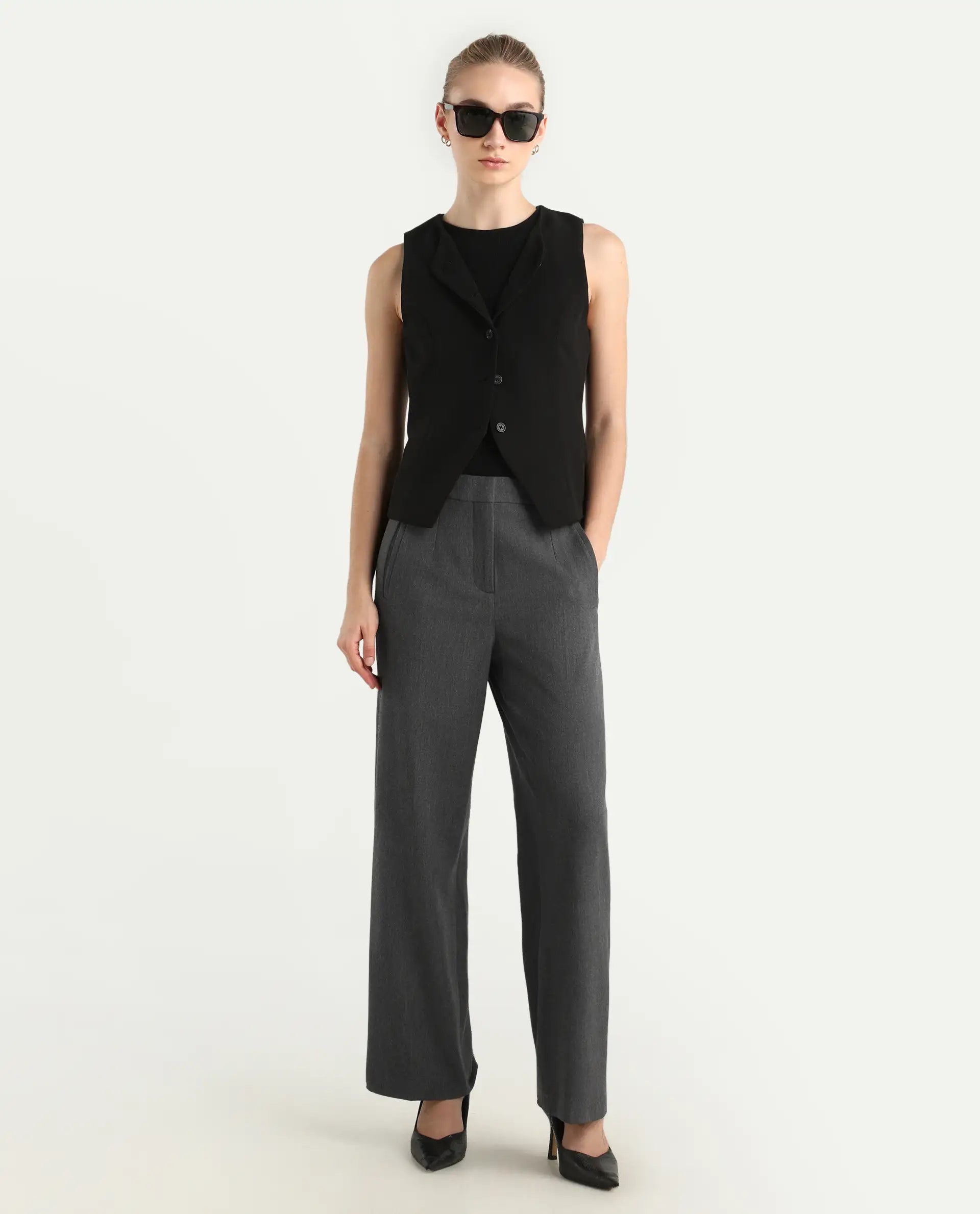 Rareism Women's Srait Grey Polyester Blend Straight Fit Travel Trouser