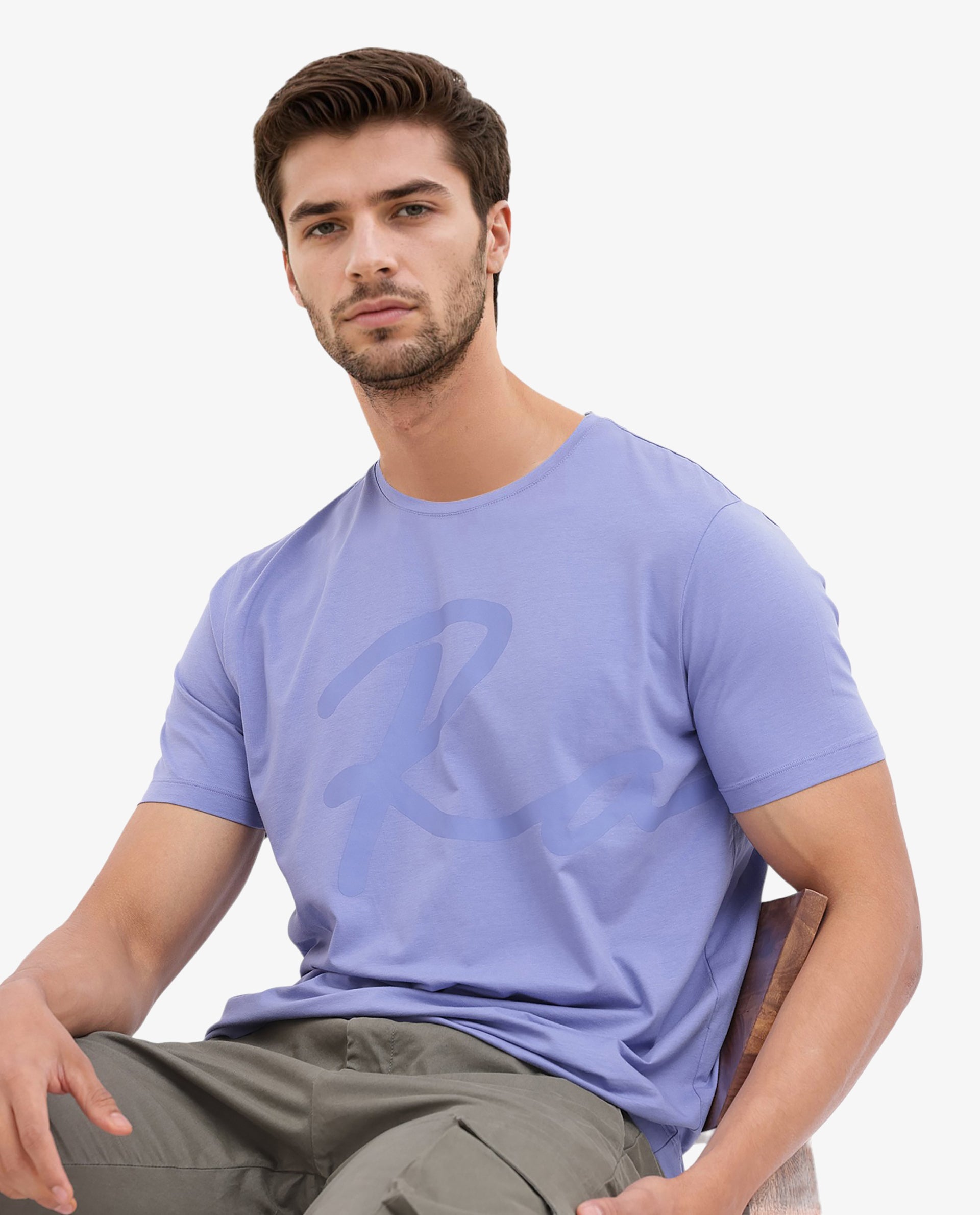 Rare Rabbit Men's Stamp-2 Purple Cotton Lycra Fabric Half Sleeves Graphic Signature Print T-Shirt