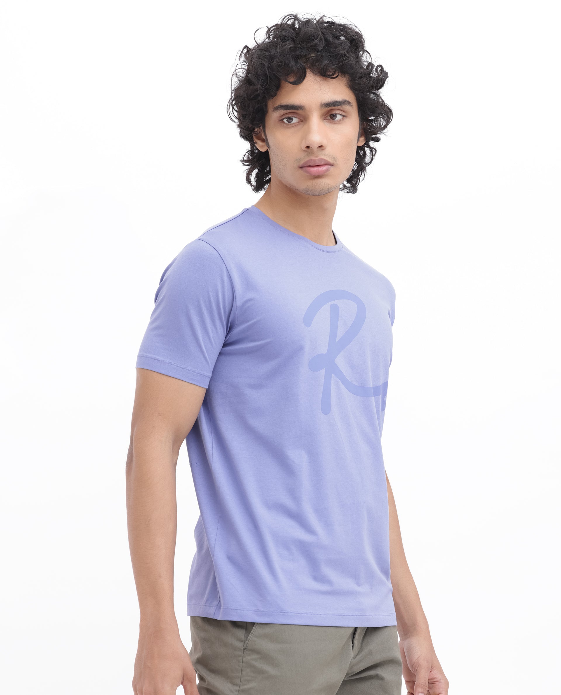 Rare Rabbit Men's Stamp-2 Purple Cotton Lycra Fabric Half Sleeves Graphic Signature Print T-Shirt