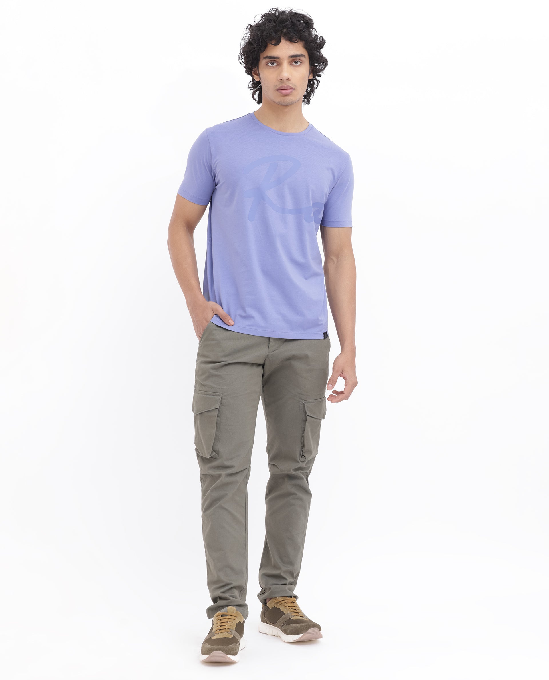 Rare Rabbit Men's Stamp-2 Purple Cotton Lycra Fabric Half Sleeves Graphic Signature Print T-Shirt