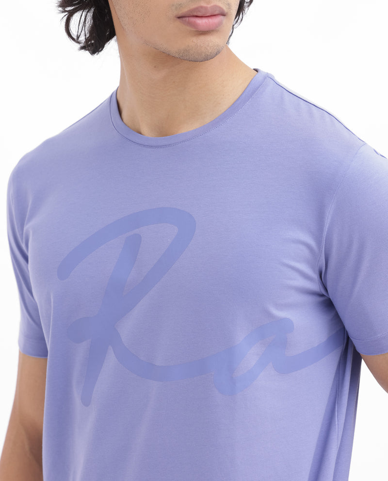 Rare Rabbit Men's Stamp-2 Purple Cotton Lycra Fabric Half Sleeves Graphic Signature Print T-Shirt