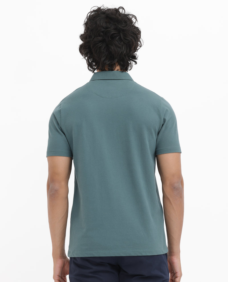 Rare Rabbit Mens Stan-2 Dusky Green Cotton Fabric Collared Neck Zipper Closure Half Sleeves Polo T-Shirt