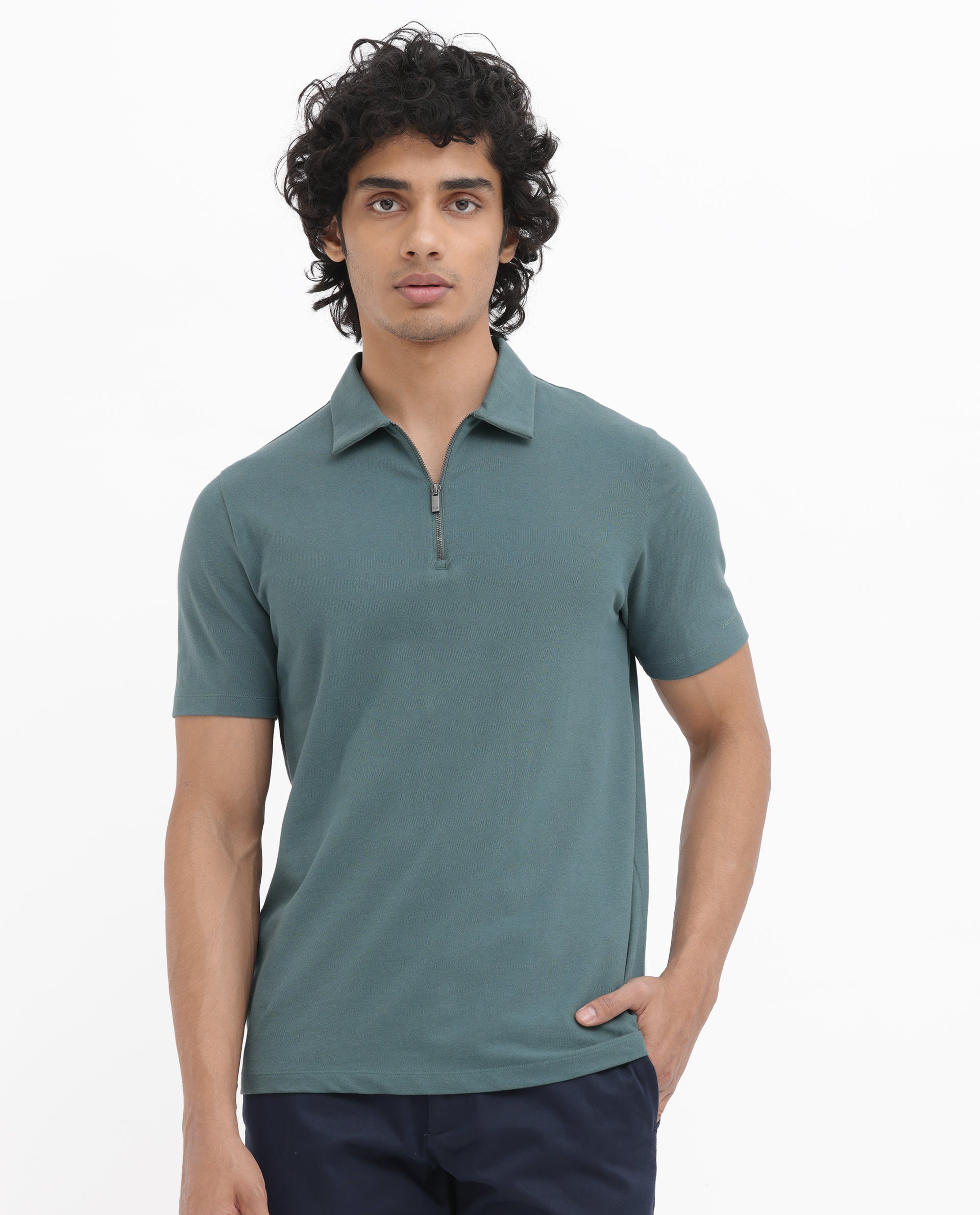 Rare Rabbit Mens Stan-2 Dusky Green Cotton Fabric Collared Neck Zipper Closure Half Sleeves Polo T-Shirt