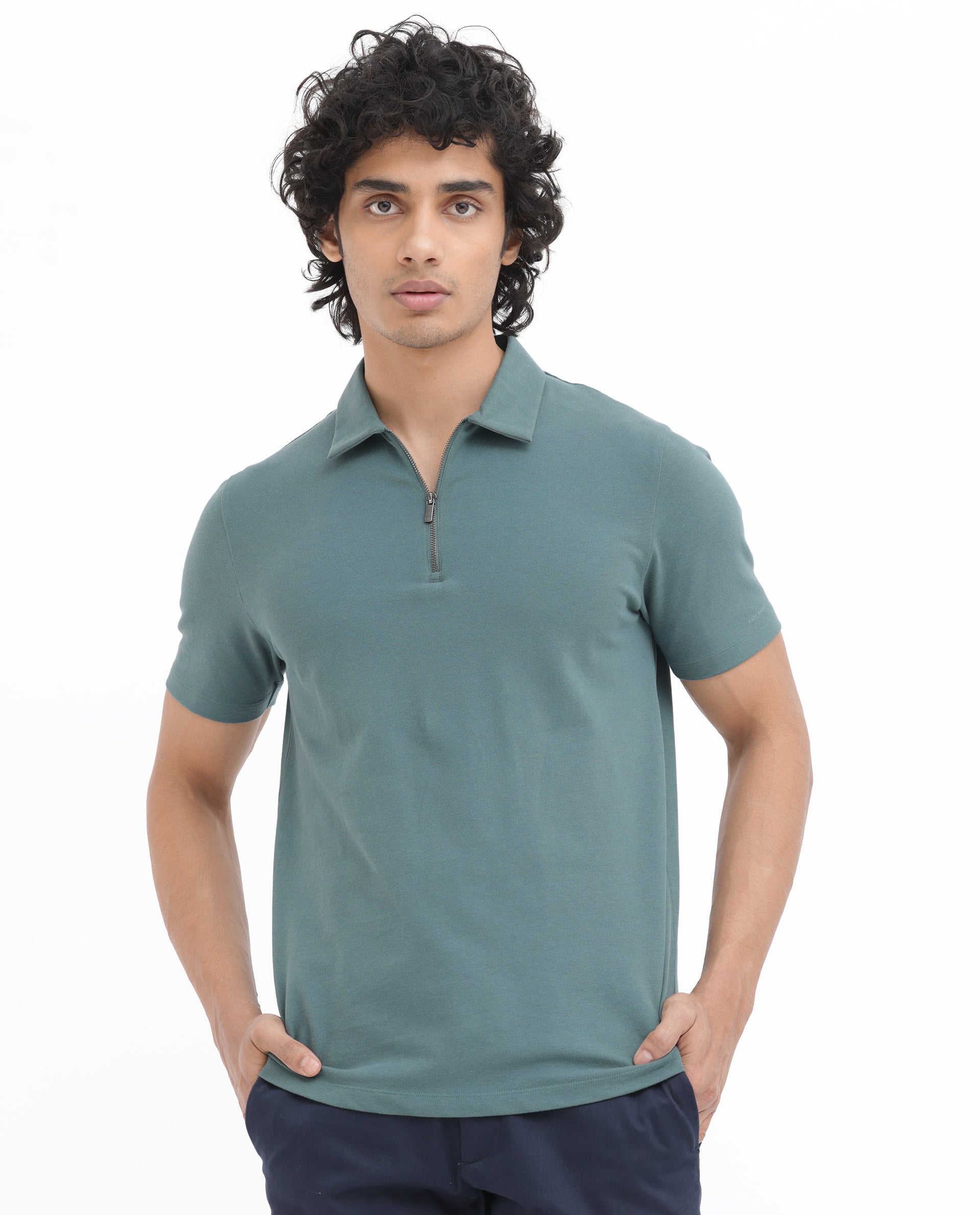 Rare Rabbit Mens Stan-2 Dusky Green Cotton Fabric Collared Neck Zipper Closure Half Sleeves Polo T-Shirt