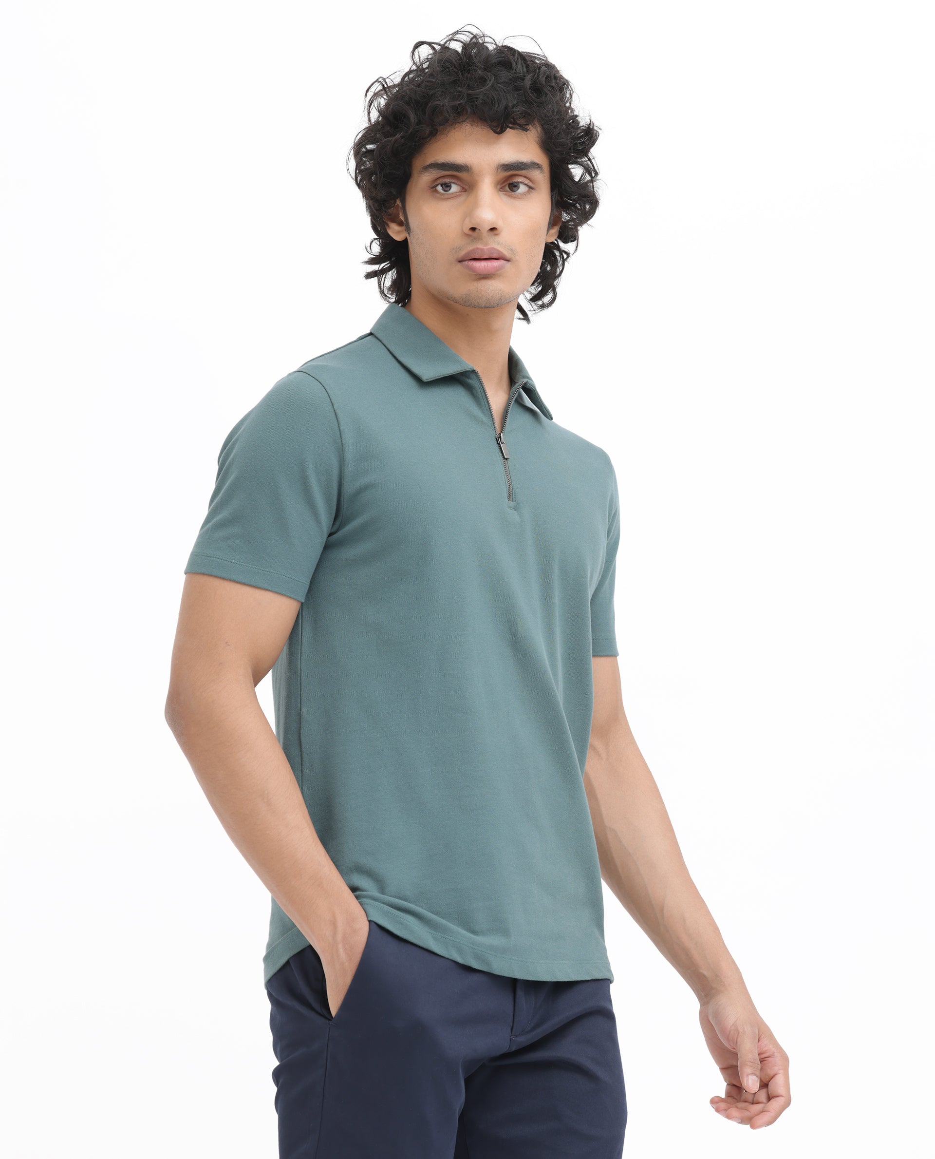 Rare Rabbit Mens Stan-2 Dusky Green Cotton Fabric Collared Neck Zipper Closure Half Sleeves Polo T-Shirt