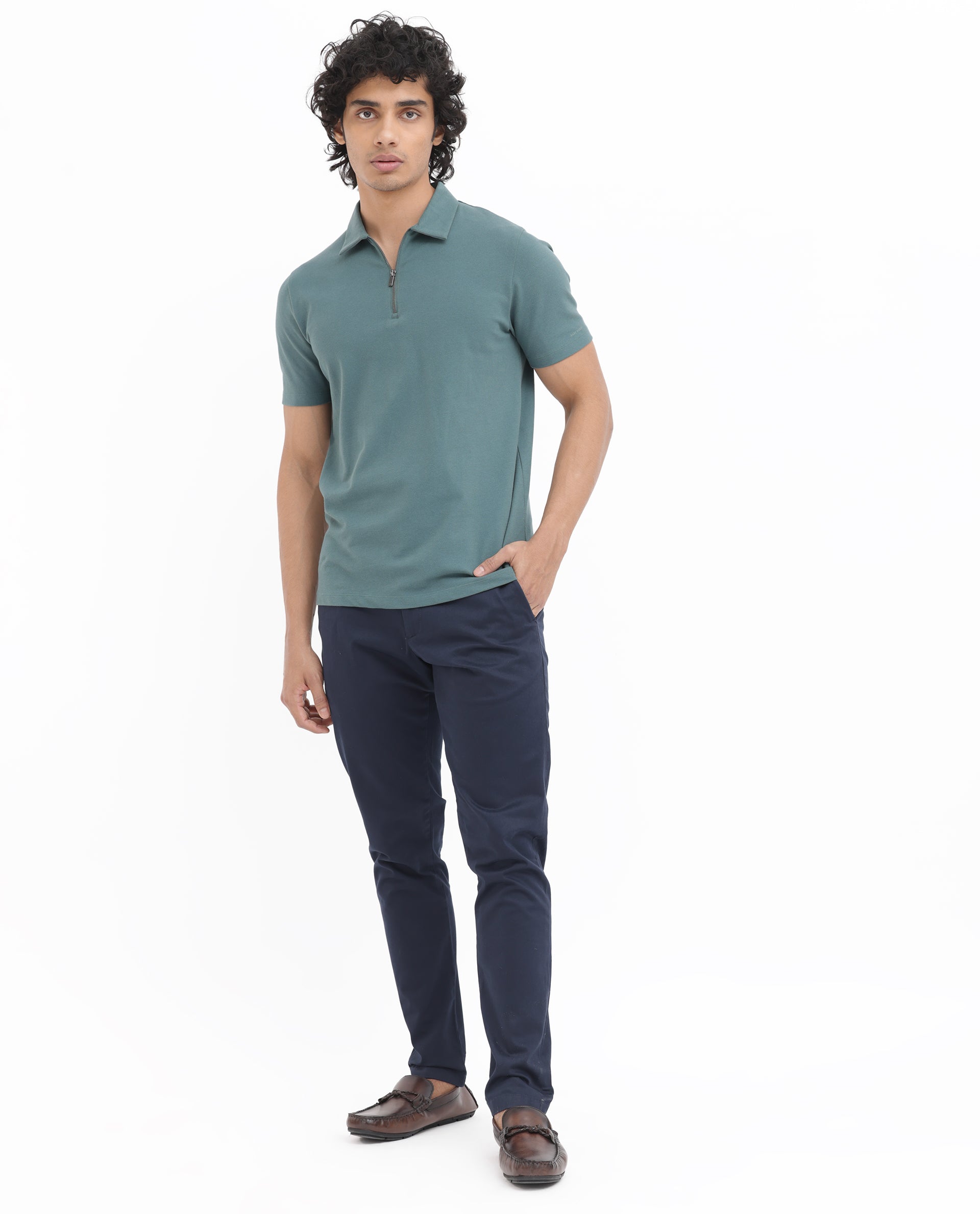 Rare Rabbit Mens Stan-2 Dusky Green Cotton Fabric Collared Neck Zipper Closure Half Sleeves Polo T-Shirt