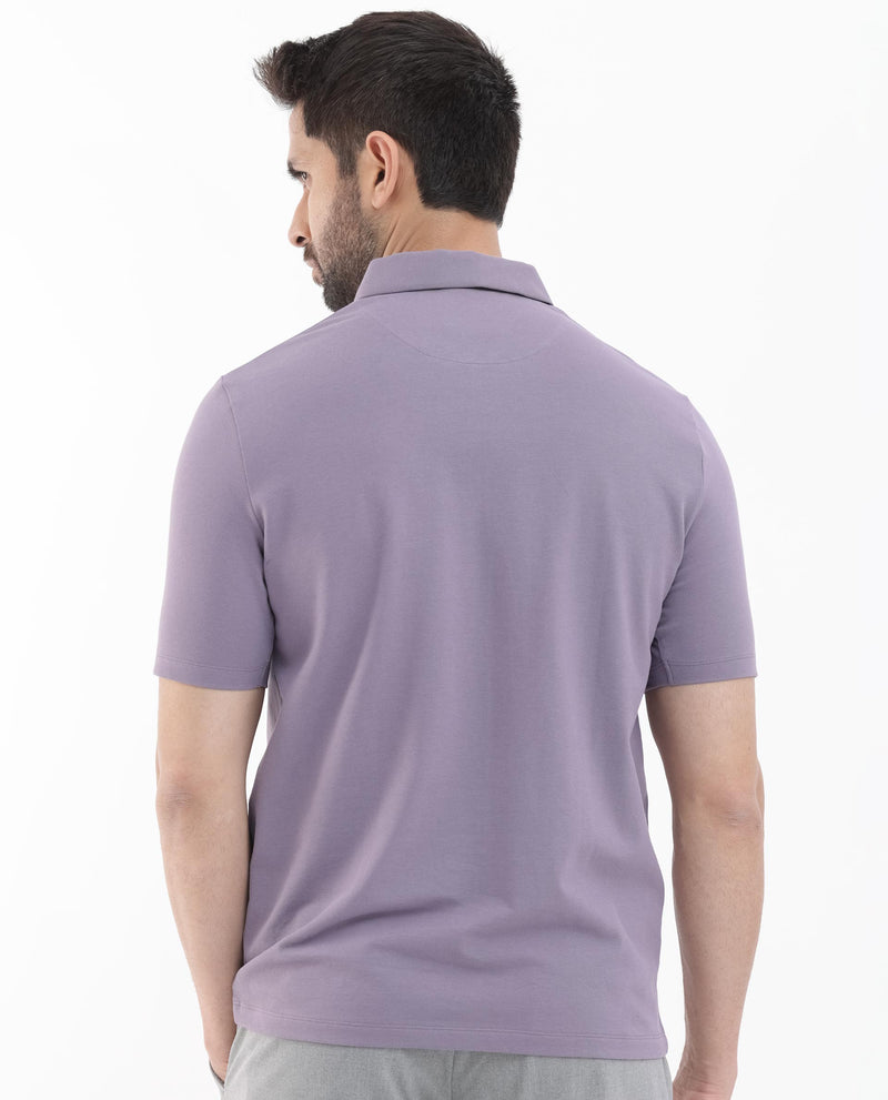 Rare Rabbit Mens Stan-2 Dusky Purple Cotton Lycra Fabric Short Sleeve Zipper Closure Solid Polo T-Shirt