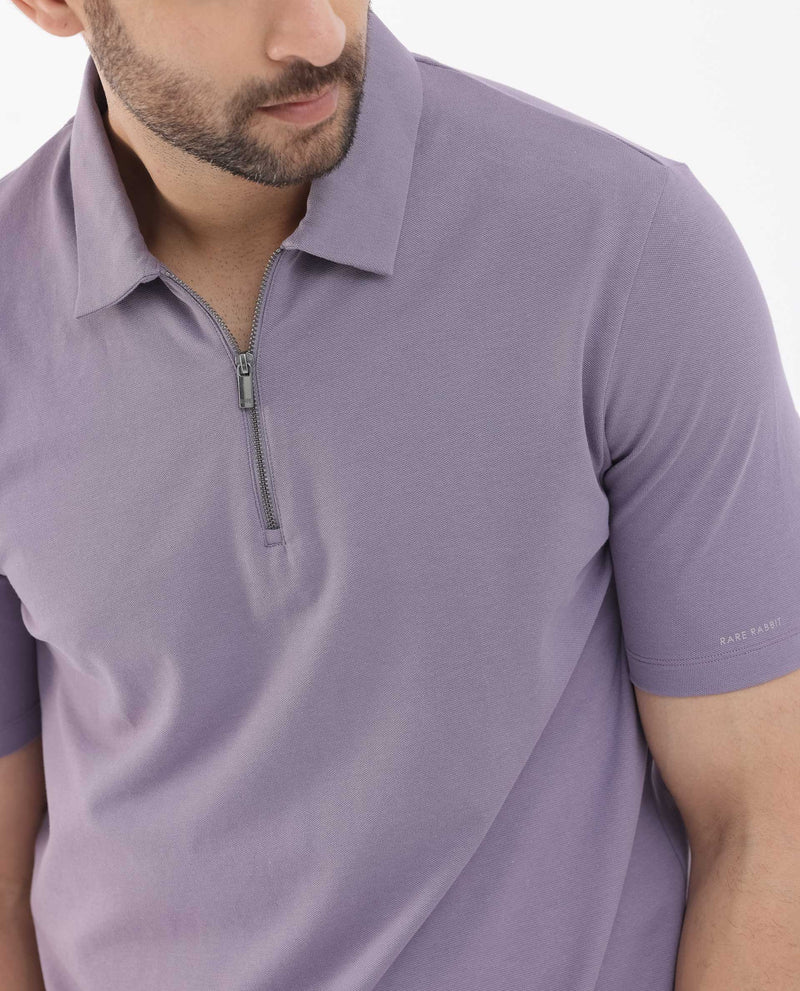 Rare Rabbit Mens Stan-2 Dusky Purple Cotton Lycra Fabric Short Sleeve Zipper Closure Solid Polo T-Shirt