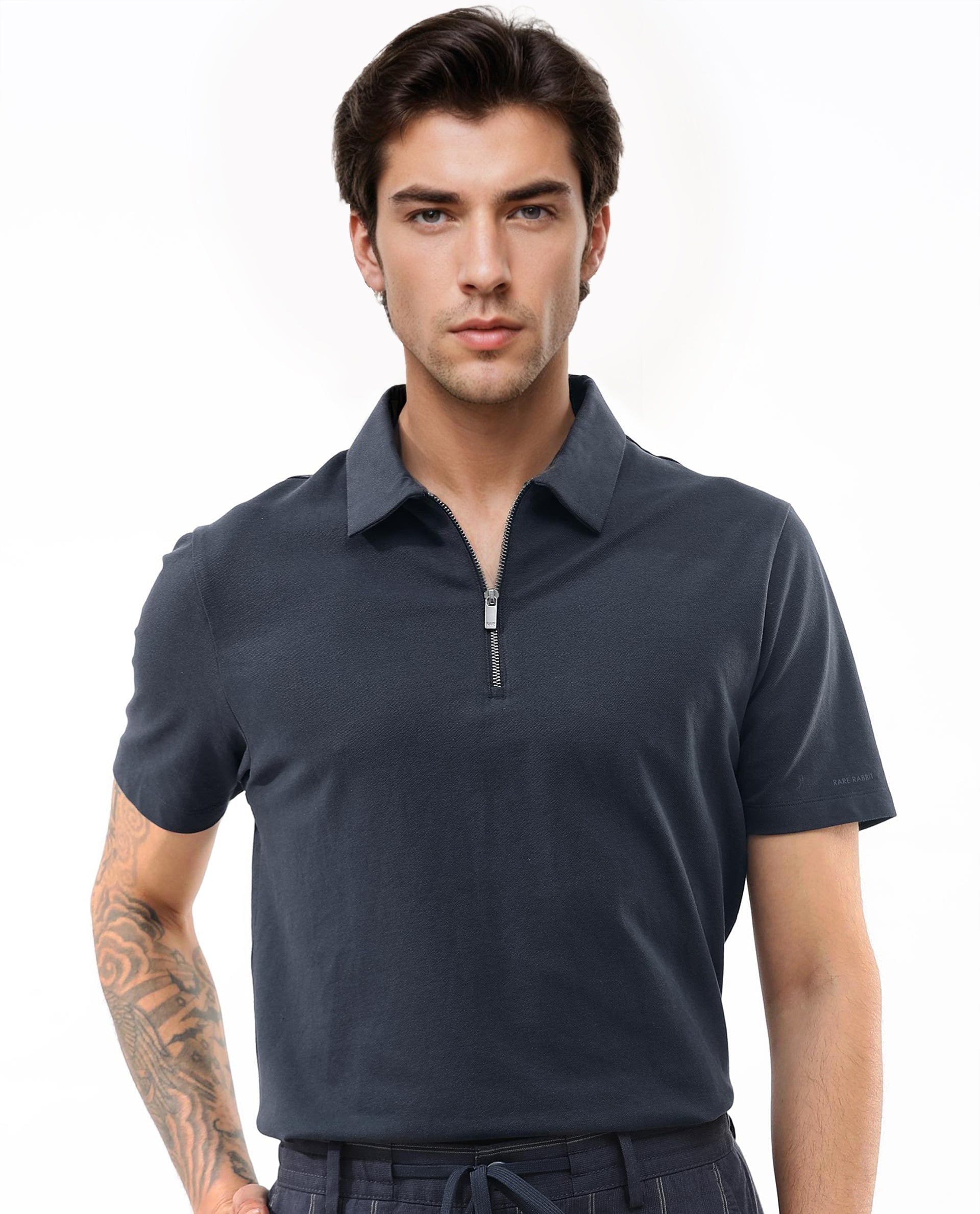 Rare Rabbit Mens Stan-2 Dusky Navy Cotton Lycra Fabric Short Sleeve Zipper Closure Solid Polo T-Shirt