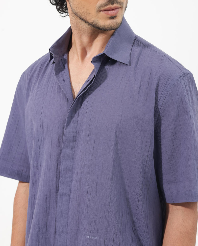 Rare Rabbit Mens Crinkle SS Dusky Purple Cotton Fabric Short Sleeve Boxy Fit Crinkle Effect Solid Shirt