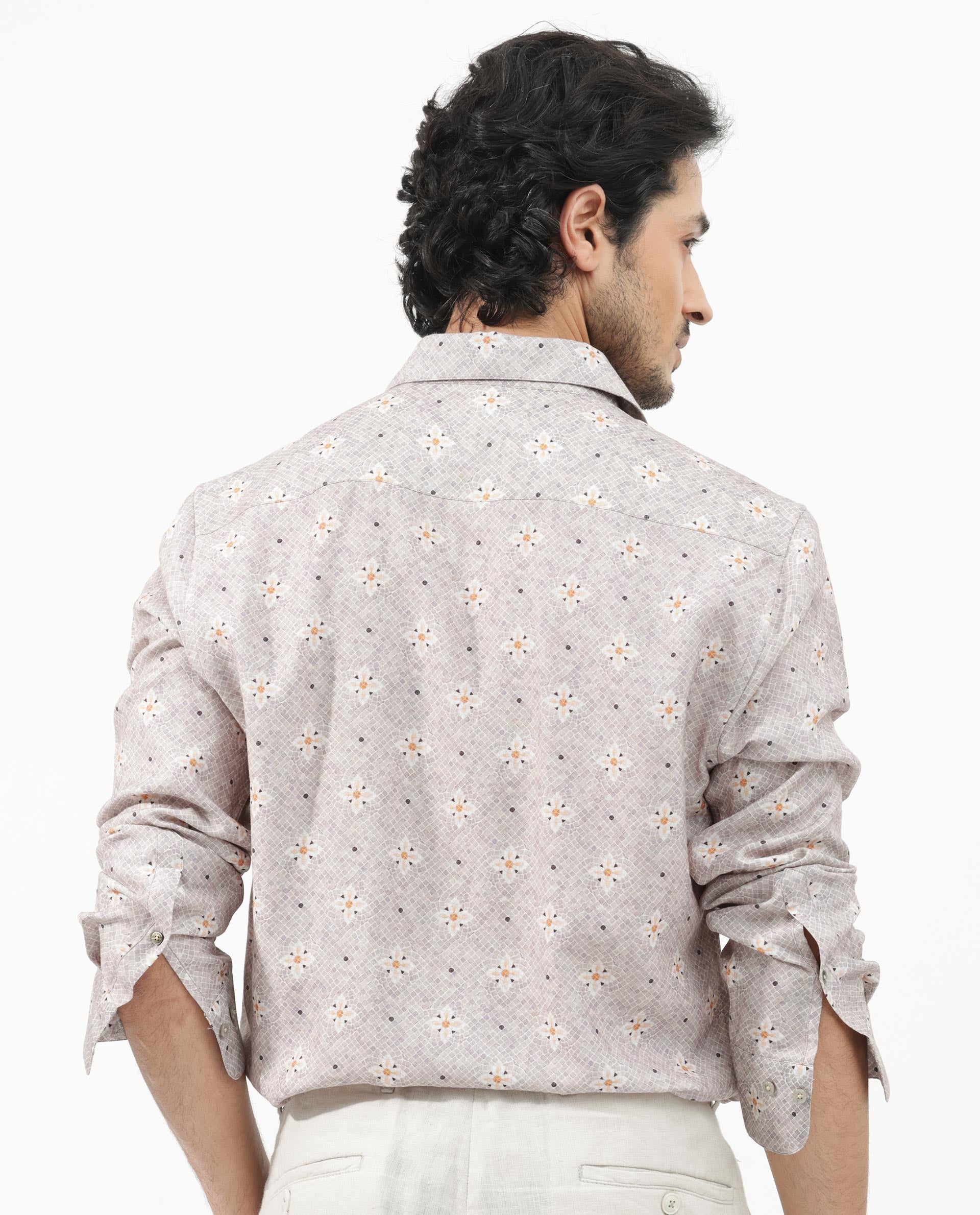 Rare Rabbit Mens Vinter Light Grey Regular Collar Full Sleeve Floral Print Shirt