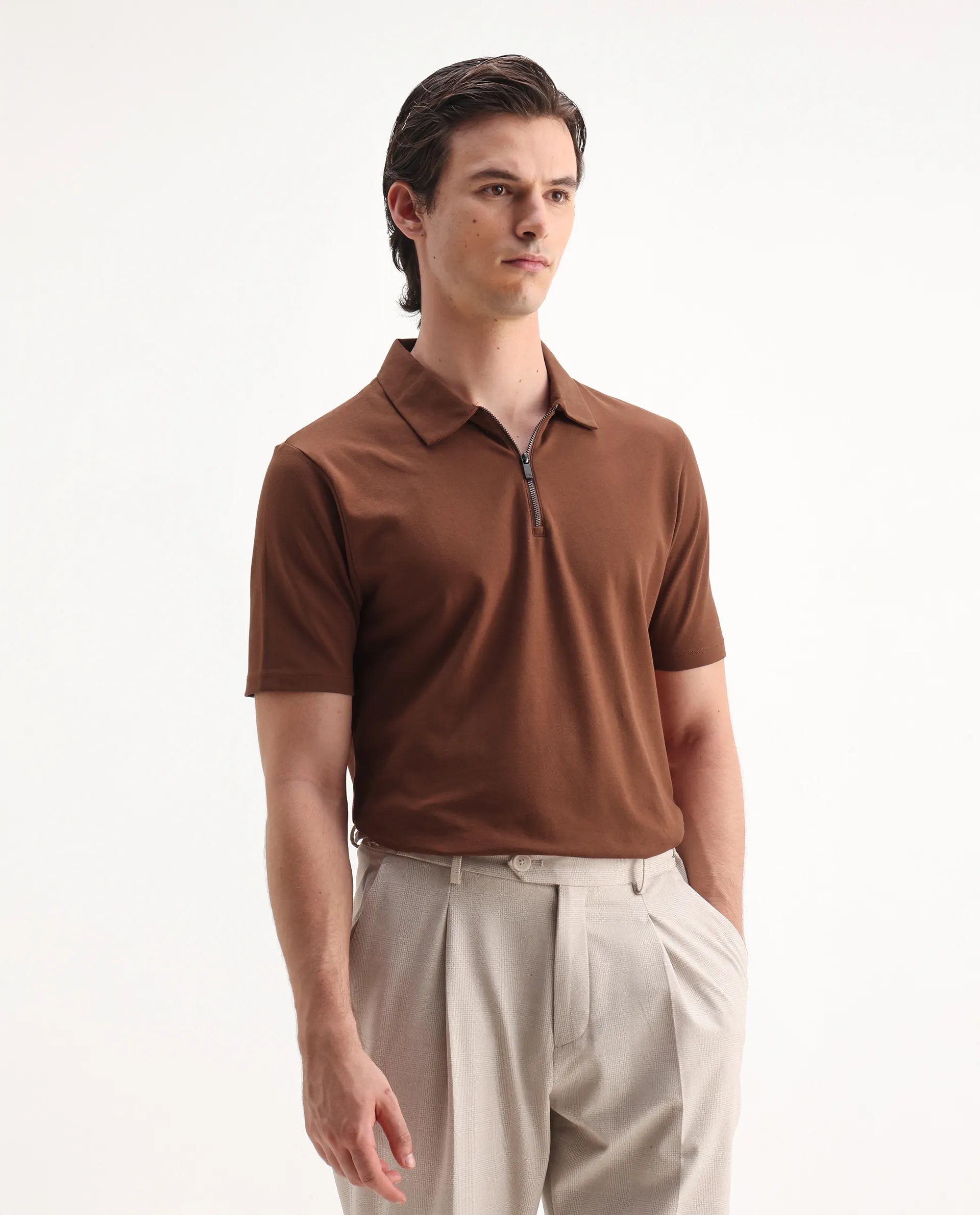 Rare Rabbit Men's Stan 2 Dusky Rust Cotton Blend Plain Regular Fit Half Sleeve Polo