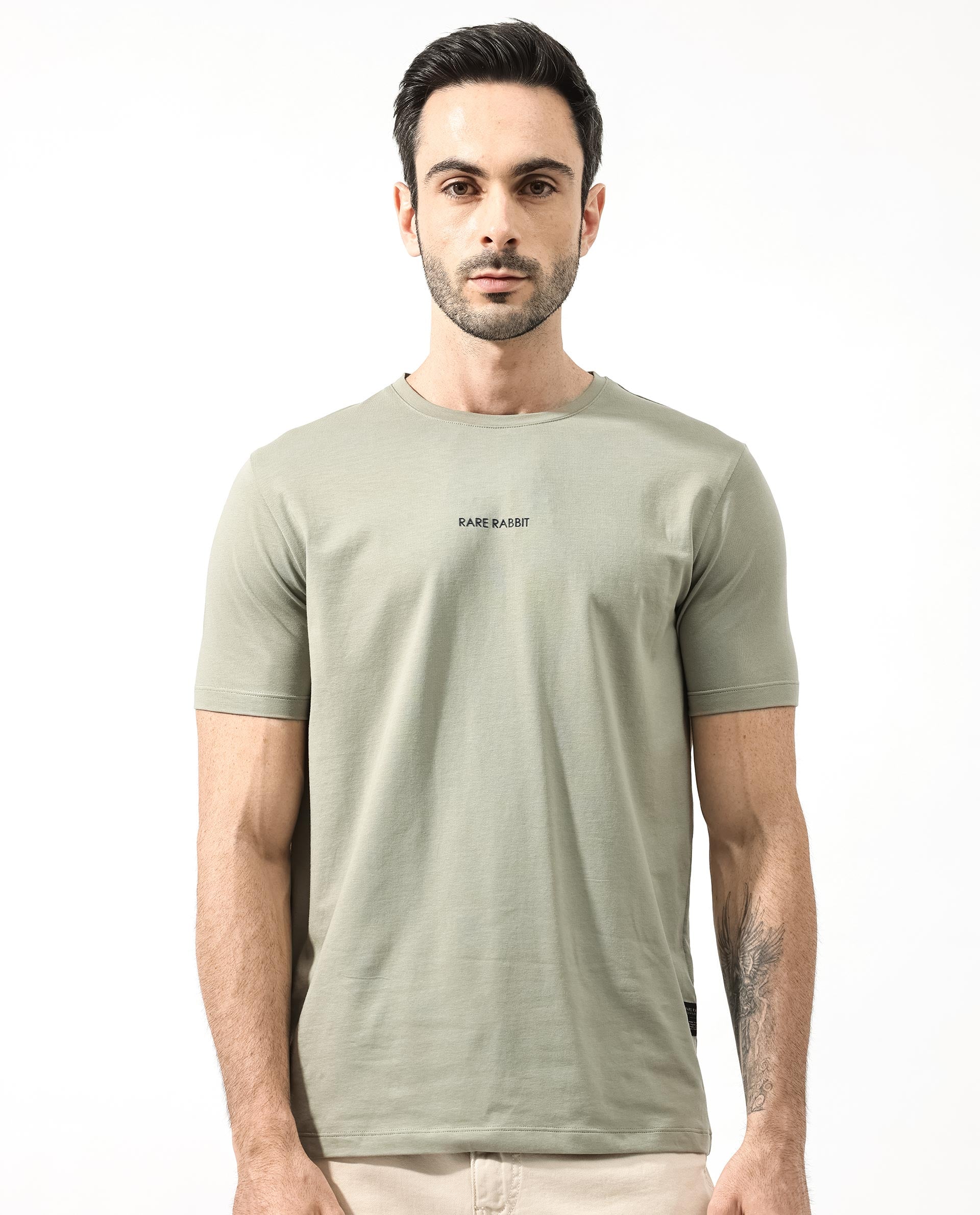 Rare Rabbit Articale Mens Stark Dusky Green Cotton Polyester Fabric Short Sleeve Crew Neck Regular Fit Printed T-Shirt