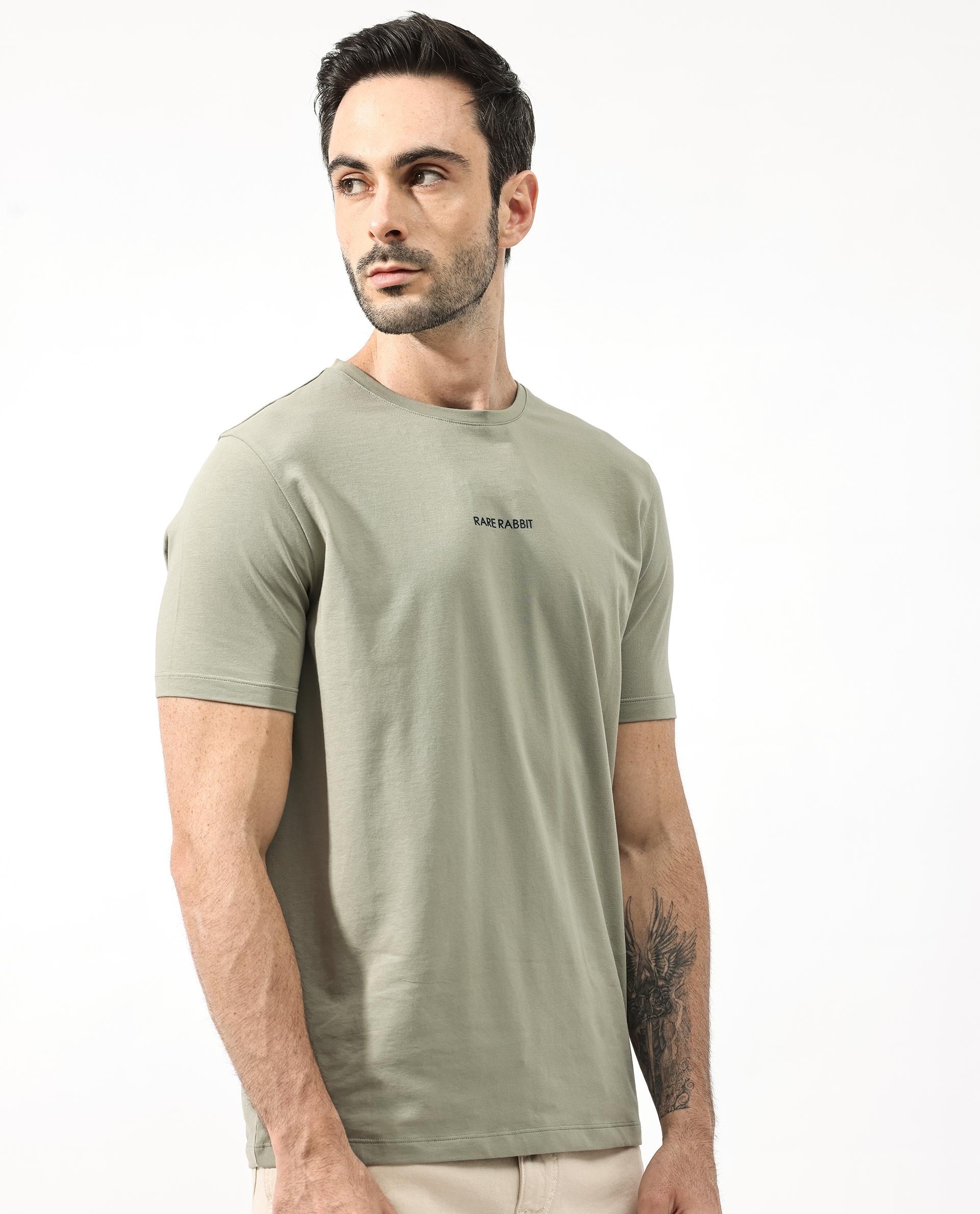 Rare Rabbit Articale Mens Stark Dusky Green Cotton Polyester Fabric Short Sleeve Crew Neck Regular Fit Printed T-Shirt