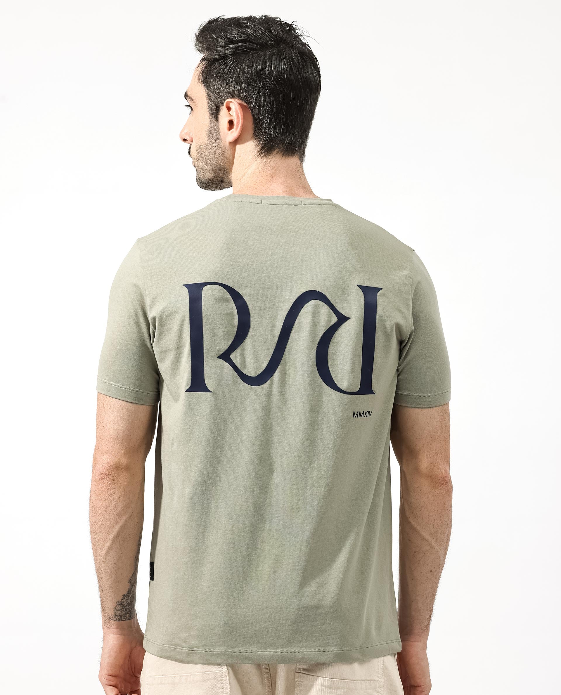 Rare Rabbit Articale Mens Stark Dusky Green Cotton Polyester Fabric Short Sleeve Crew Neck Regular Fit Printed T-Shirt