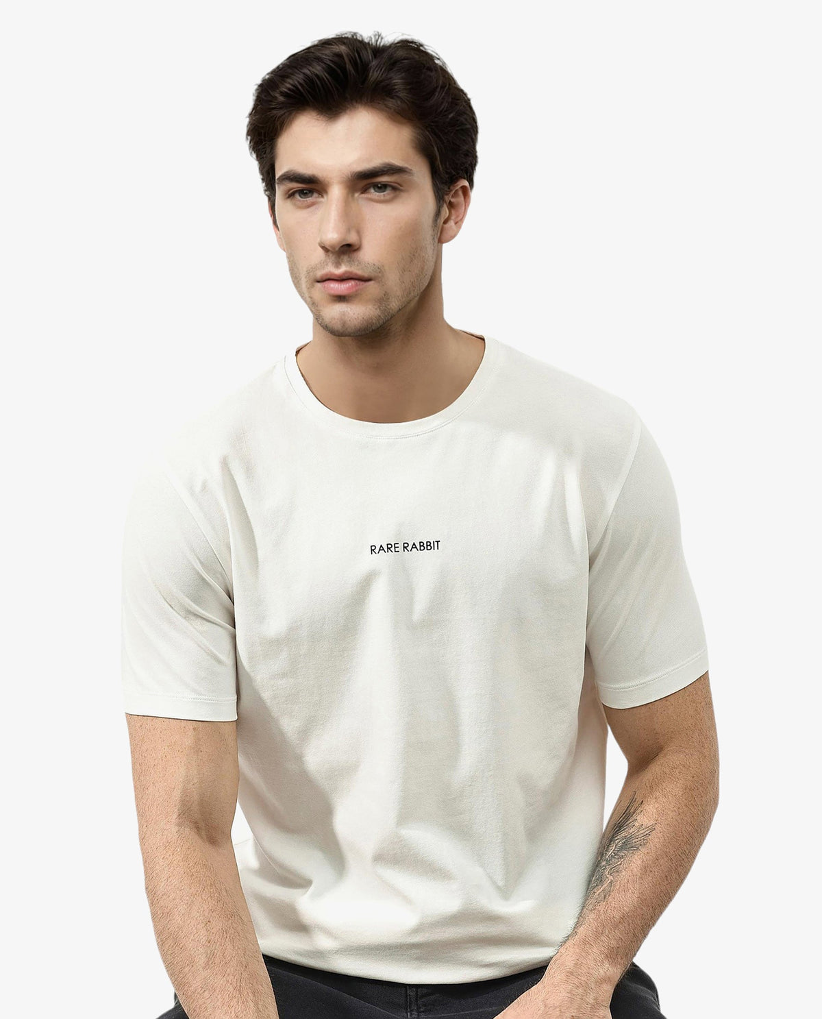 Rare Rabbit Articale Mens Stark Off White Cotton Polyester Fabric Short Sleeve Crew Neck Regular Fit Printed T-Shirt