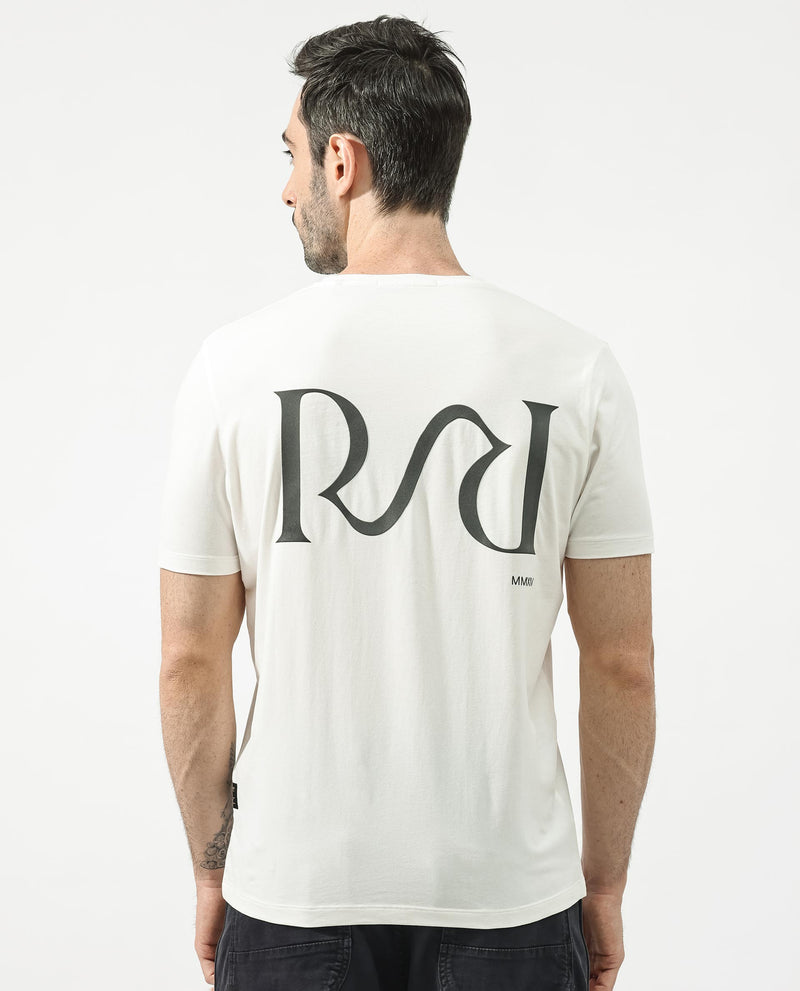 Rare Rabbit Articale Mens Stark Off White Cotton Polyester Fabric Short Sleeve Crew Neck Regular Fit Printed T-Shirt