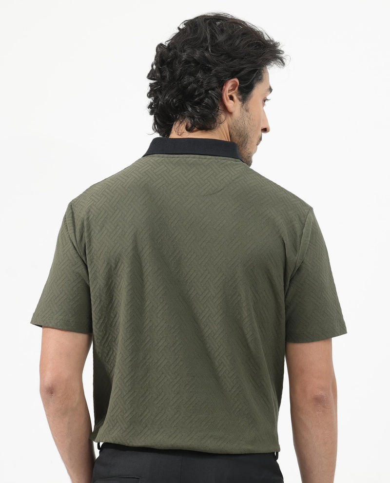 Rare Rabbit Mens State Olive Short Sleeves Solid Jacquard Print Polo T-Shirt