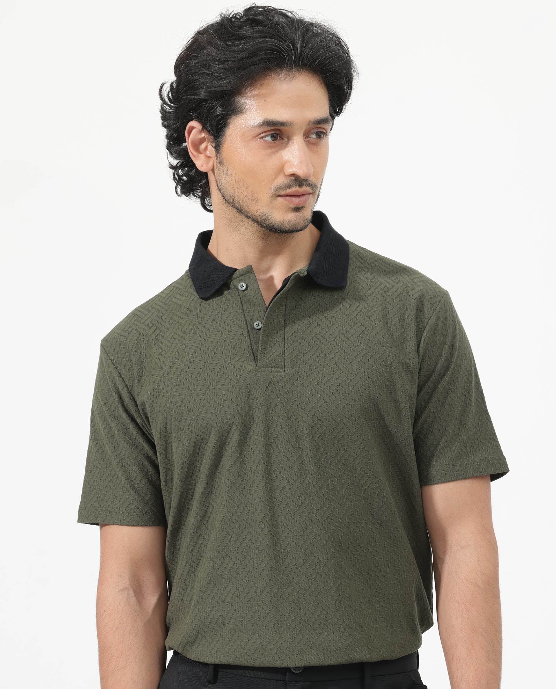 Rare Rabbit Mens State Olive Short Sleeves Solid Jacquard Print Polo T-Shirt