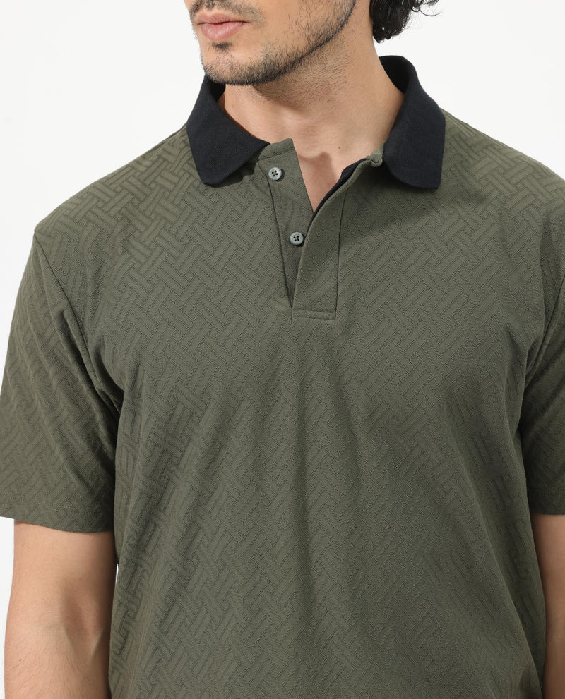Rare Rabbit Mens State Olive Short Sleeves Solid Jacquard Print Polo T-Shirt