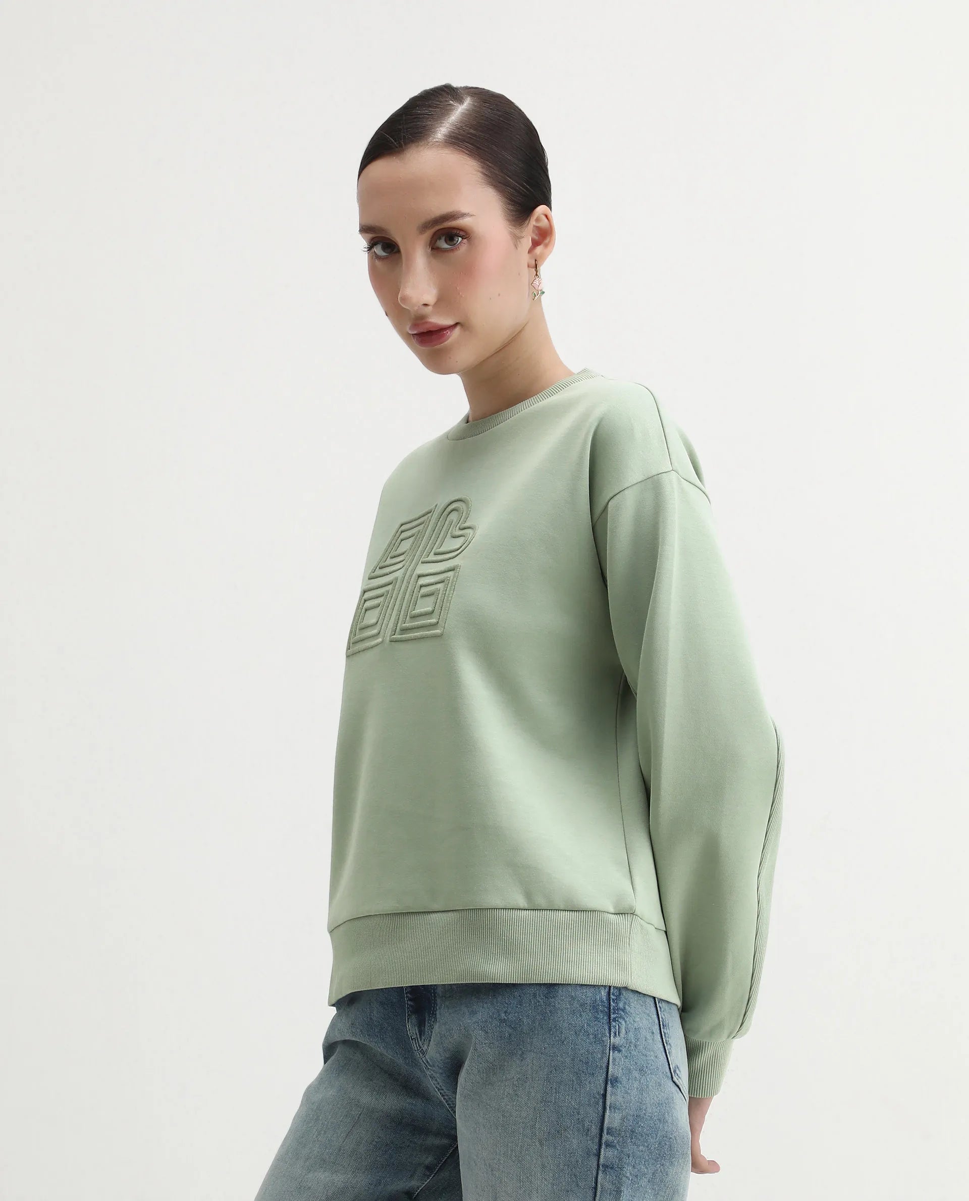 Rareism Women's Staz Light Green Cotton Blend Fabric Crew Neck Regular Fit Printed Sweatshirt