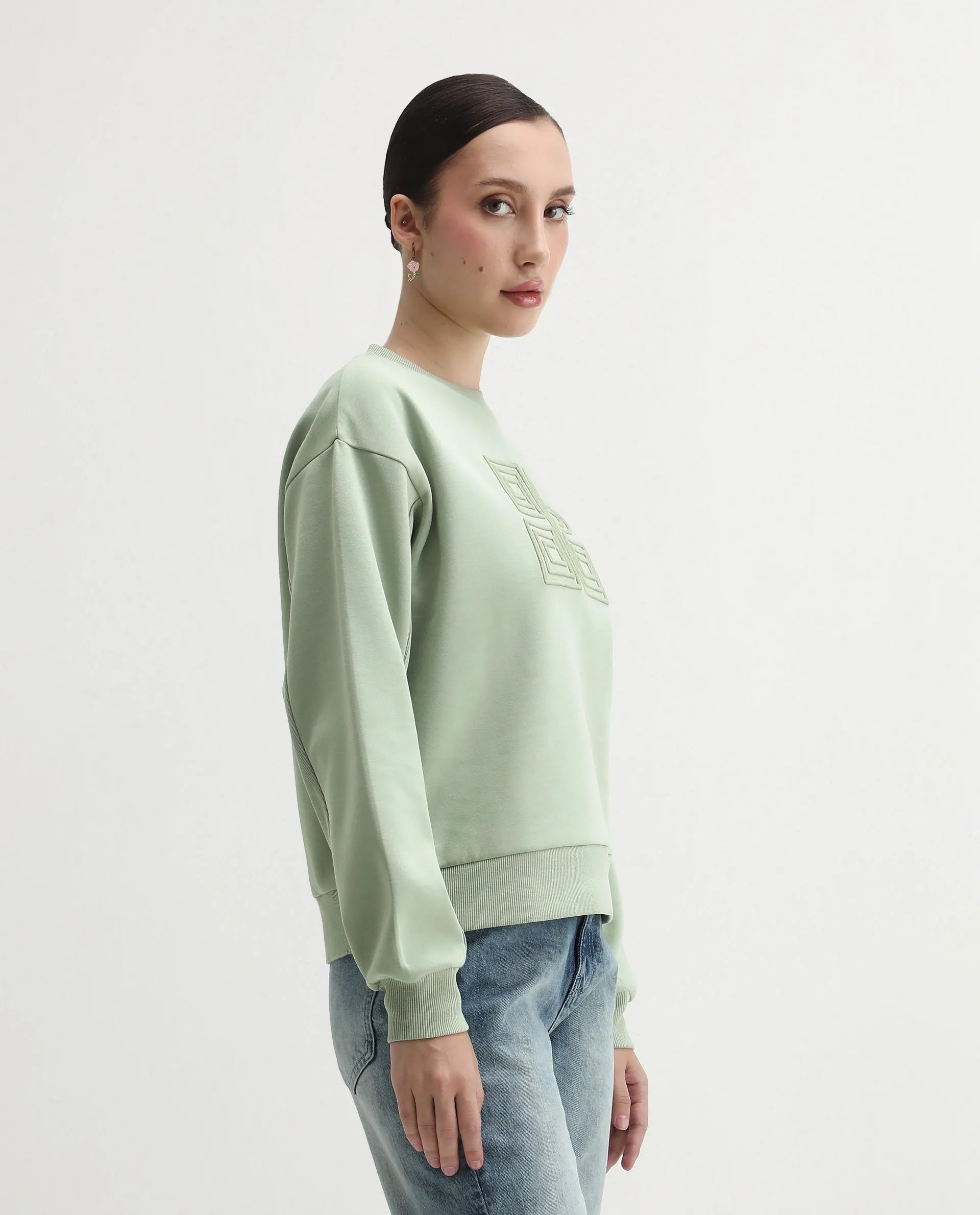 Rareism Women's Staz Light Green Cotton Blend Fabric Crew Neck Regular Fit Printed Sweatshirt