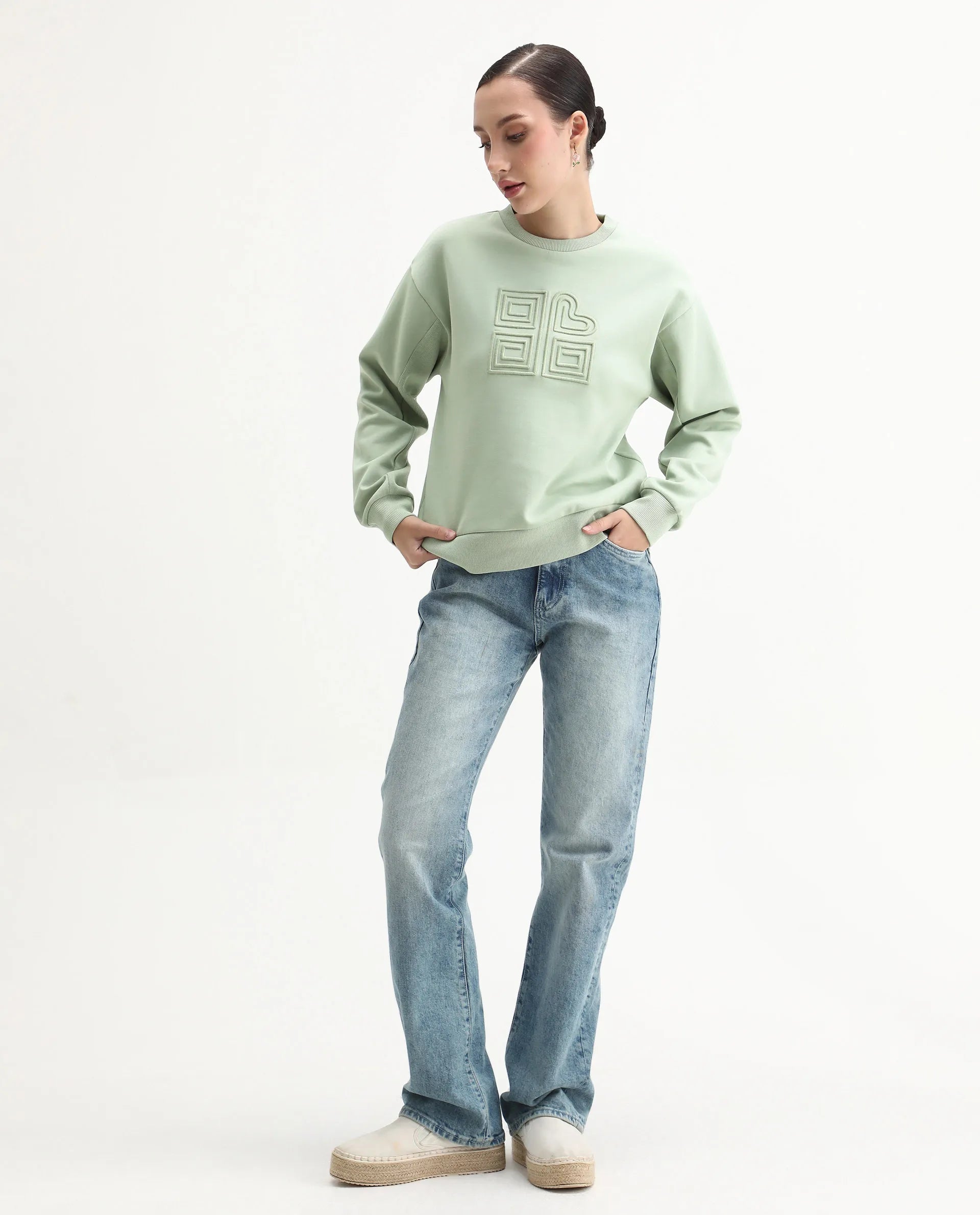 Rareism Women's Staz Light Green Cotton Blend Fabric Crew Neck Regular Fit Printed Sweatshirt