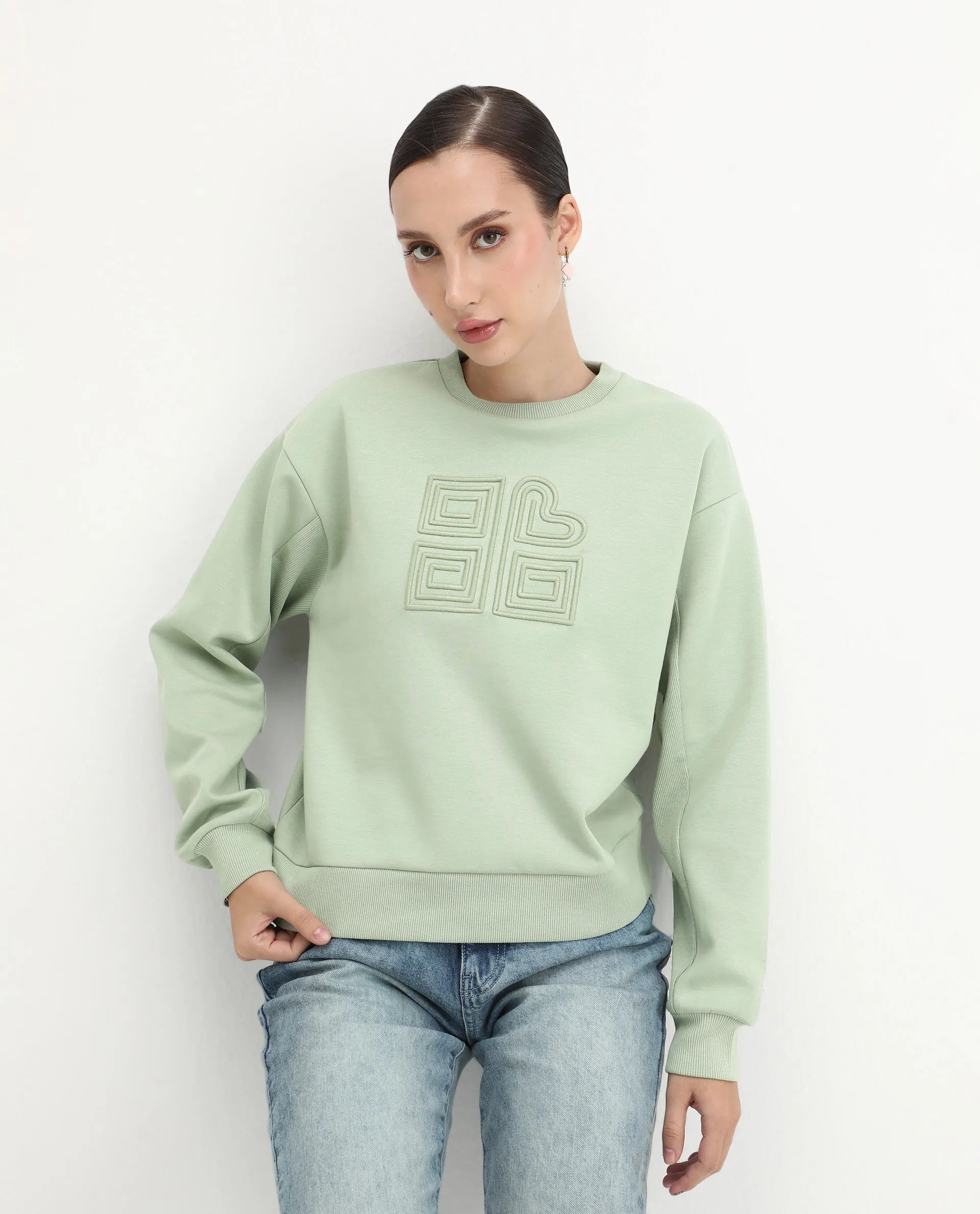 Rareism Women's Staz Light Green Cotton Blend Fabric Crew Neck Regular Fit Printed Sweatshirt