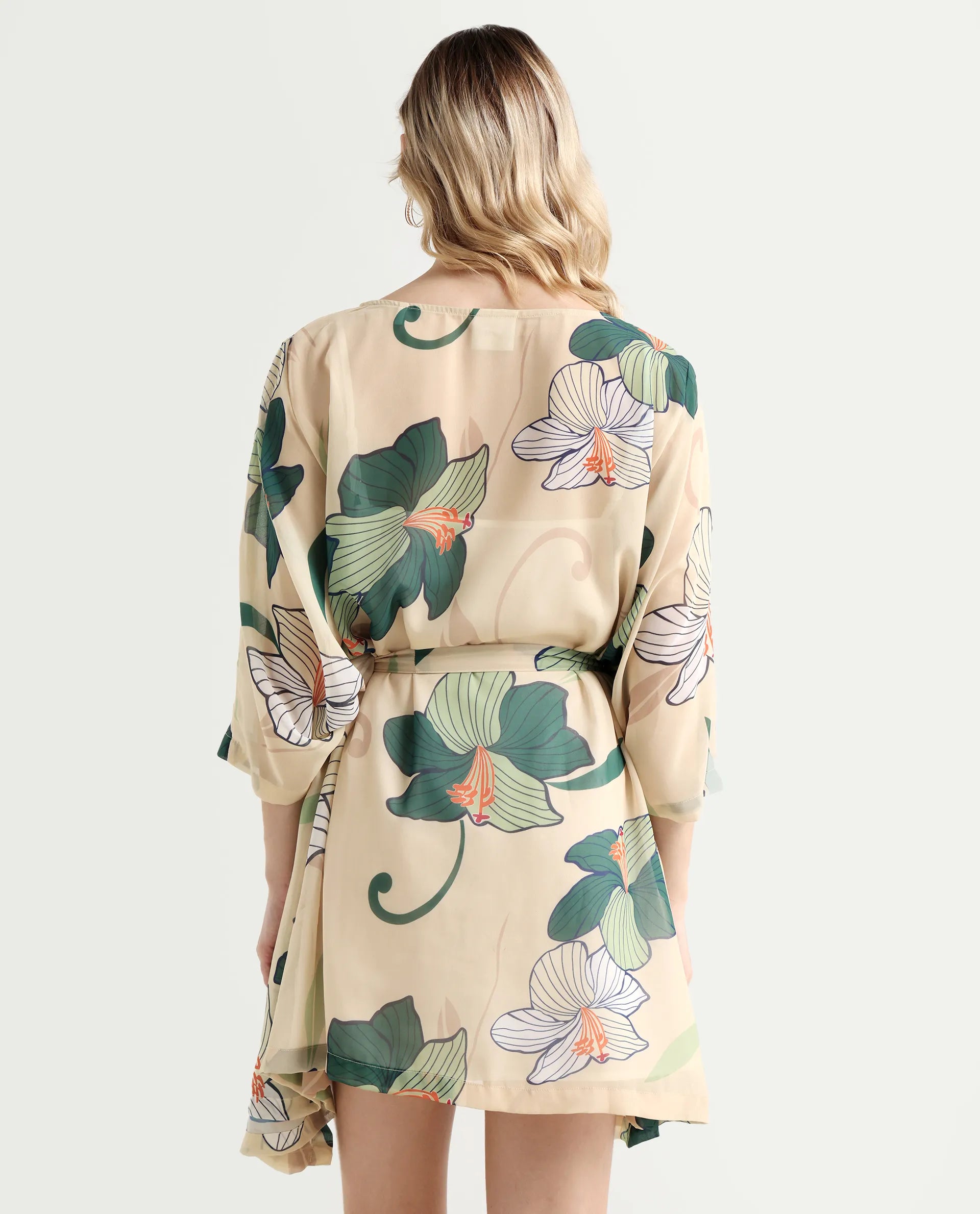 Rareism Women's Steevi Offwhite Boat Neck Abstract Print Flared Sleeve Knee Length Regular Fit Dress