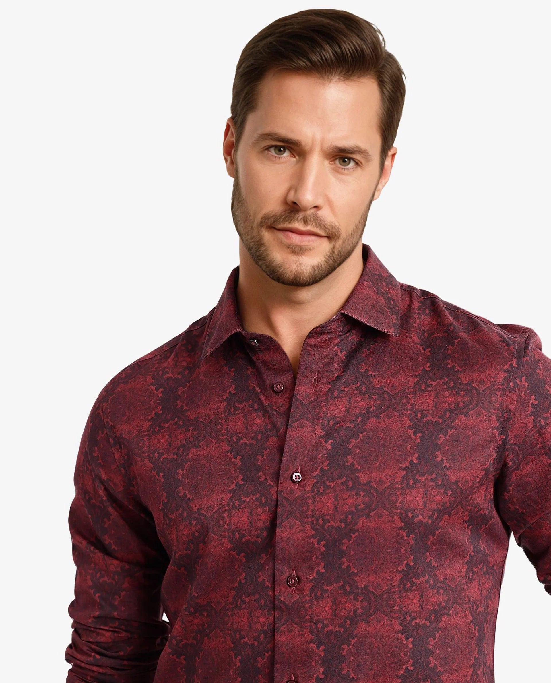 Rare Rabbit Men Steno Maroon Full Sleeve Regular Collar Button Closure Regular Fit Decorative Print Shirt