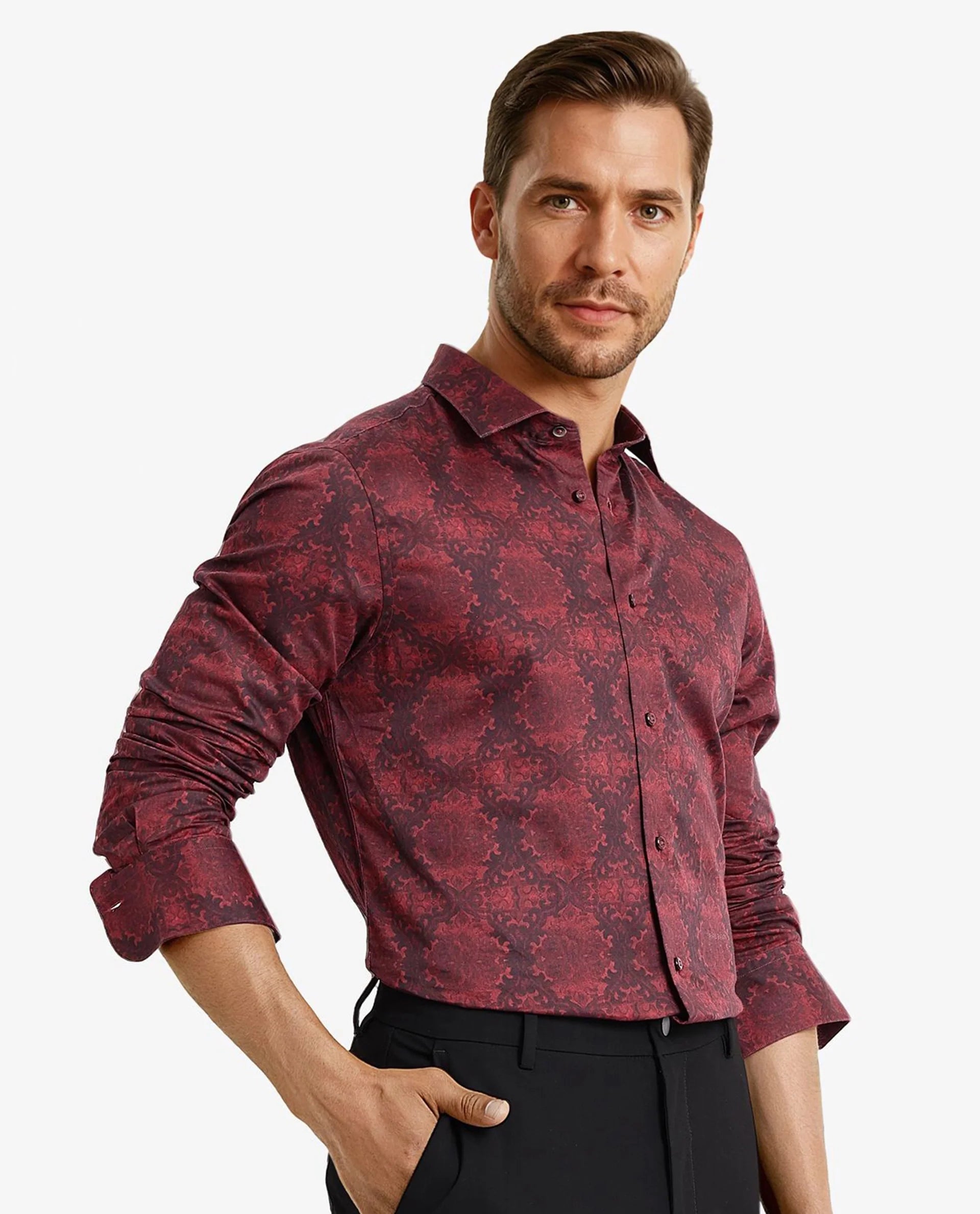 Rare Rabbit Men Steno Maroon Full Sleeve Regular Collar Button Closure Regular Fit Decorative Print Shirt