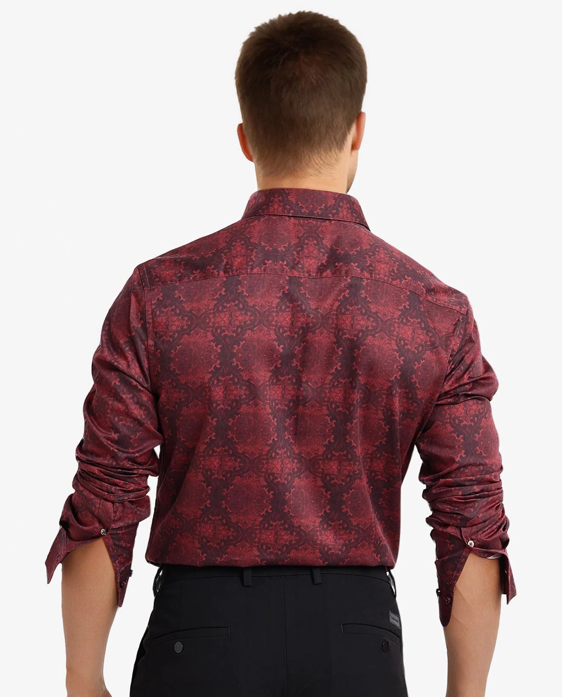 Rare Rabbit Men Steno Maroon Full Sleeve Regular Collar Button Closure Regular Fit Decorative Print Shirt