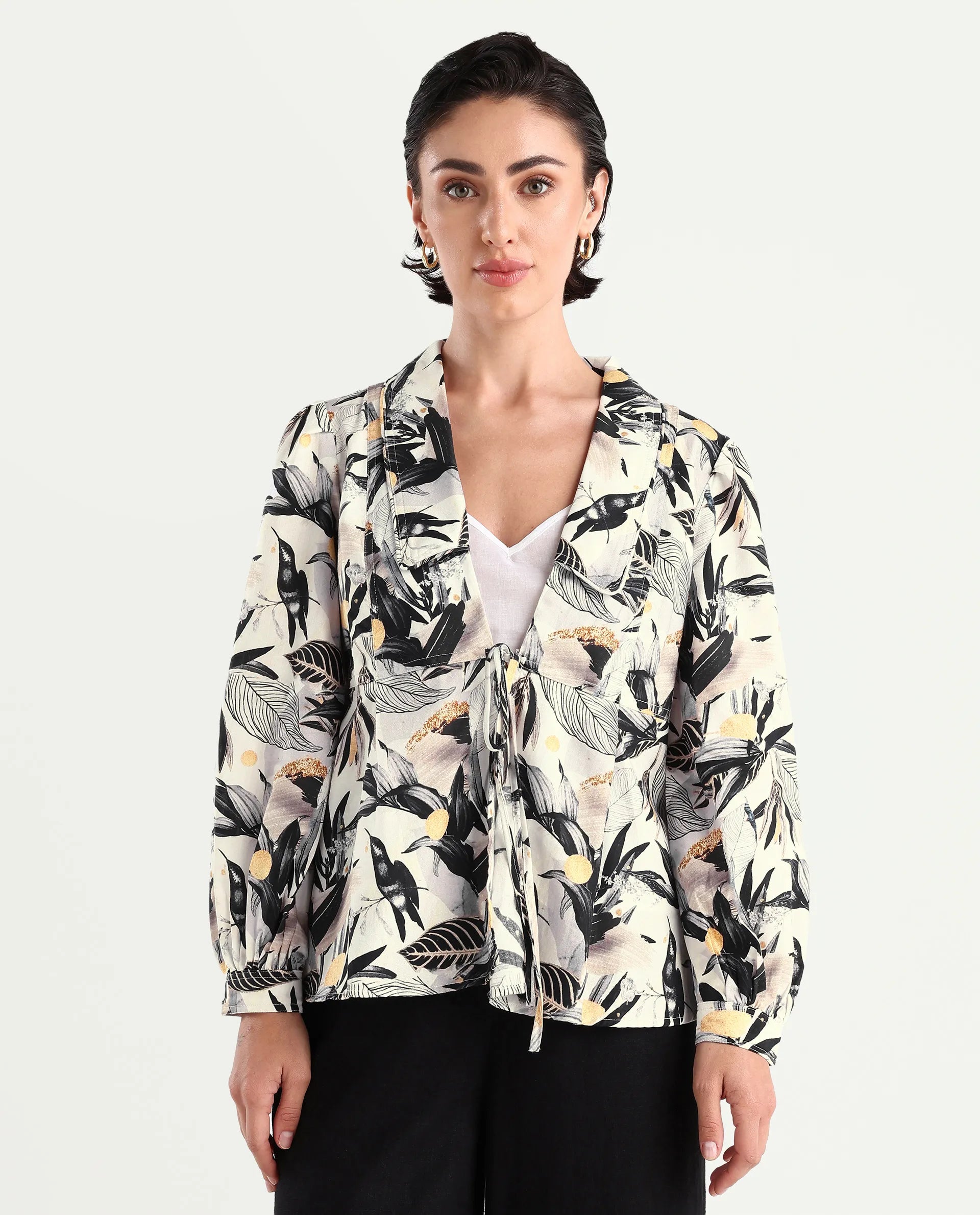 Rareism Women's Stevieo T Multi Cotton Blend Lapel Neck Tropical Print Cuffed Sleeve Regular Fit Top