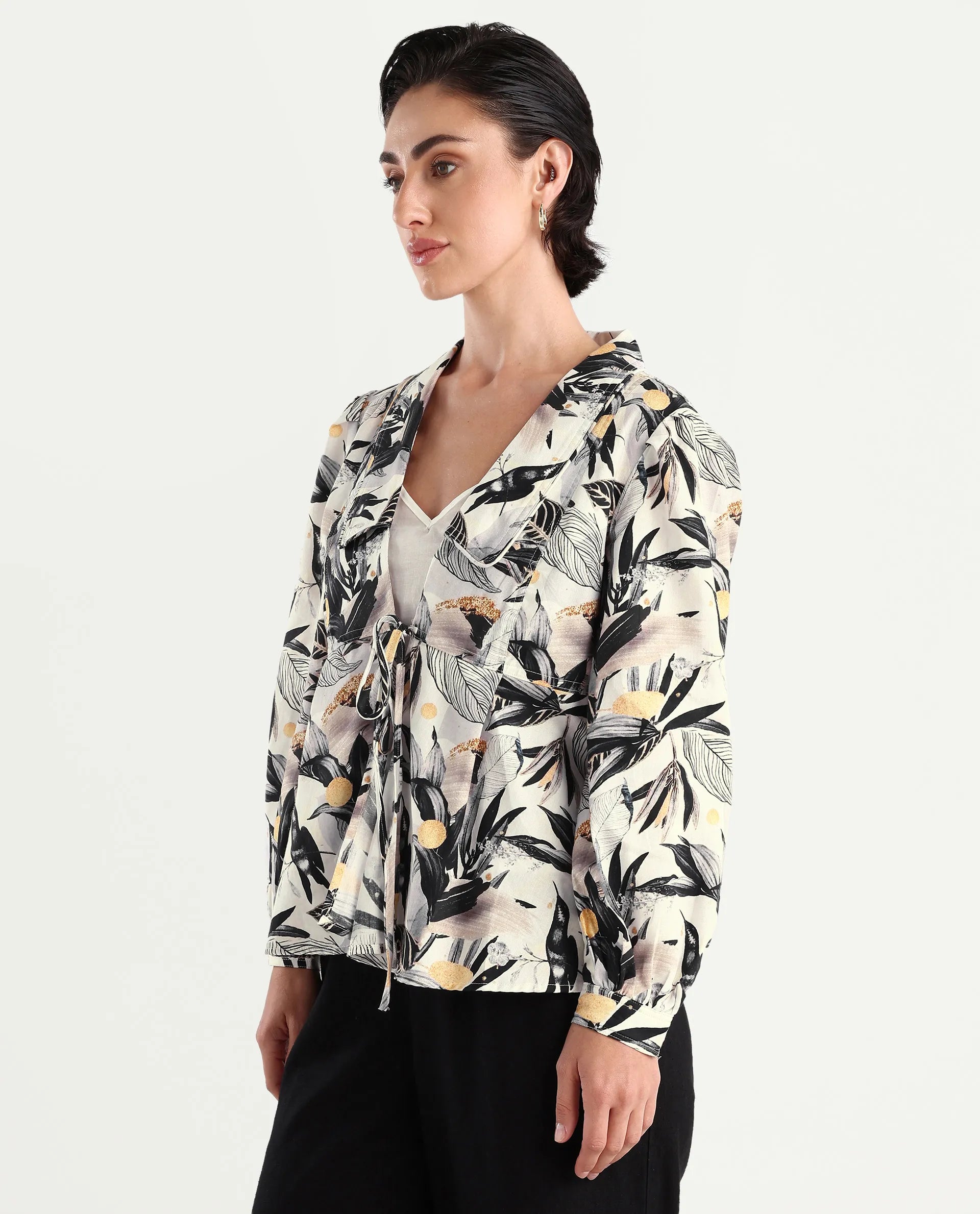 Rareism Women's Stevieo T Multi Cotton Blend Lapel Neck Tropical Print Cuffed Sleeve Regular Fit Top